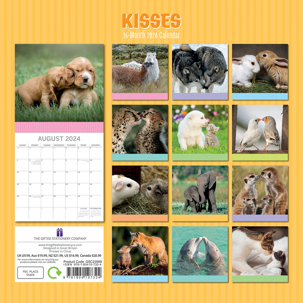 Kisses 2024 Square Wall Calendar Pets Animals 16 Months Premium Planner New Year