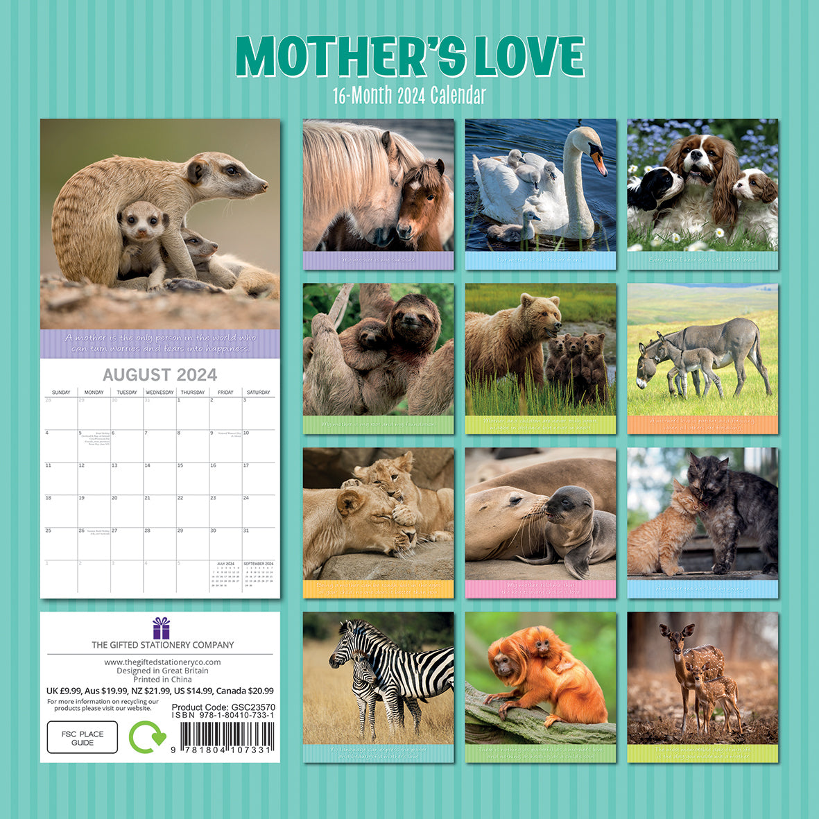 Mother's Love - 2024 Square Wall Calendar Pets Animals 16 Months Premium Planner