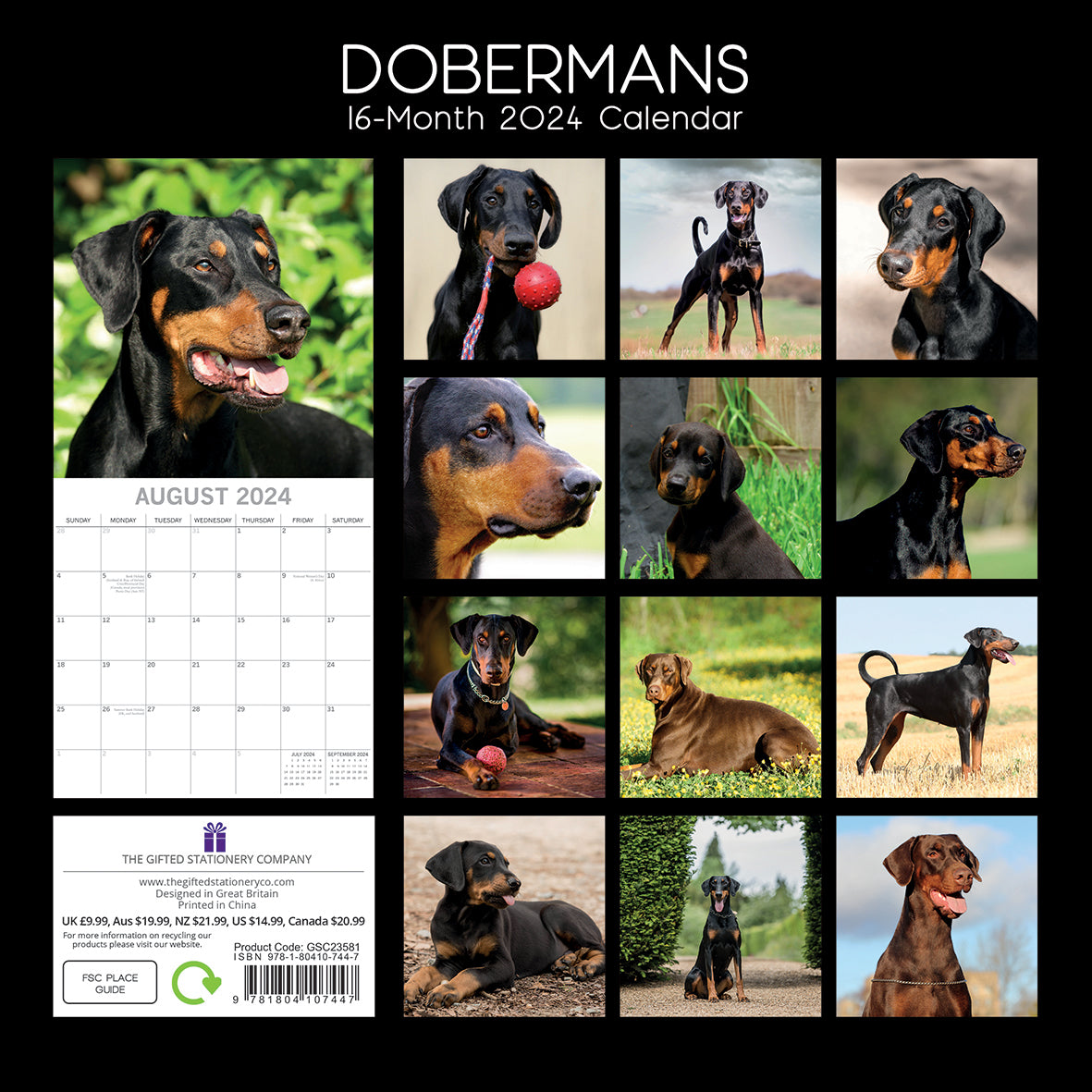 Dobermans - 2024 Square Wall Calendar Pets Dog 16 Month Premium Planner New Year