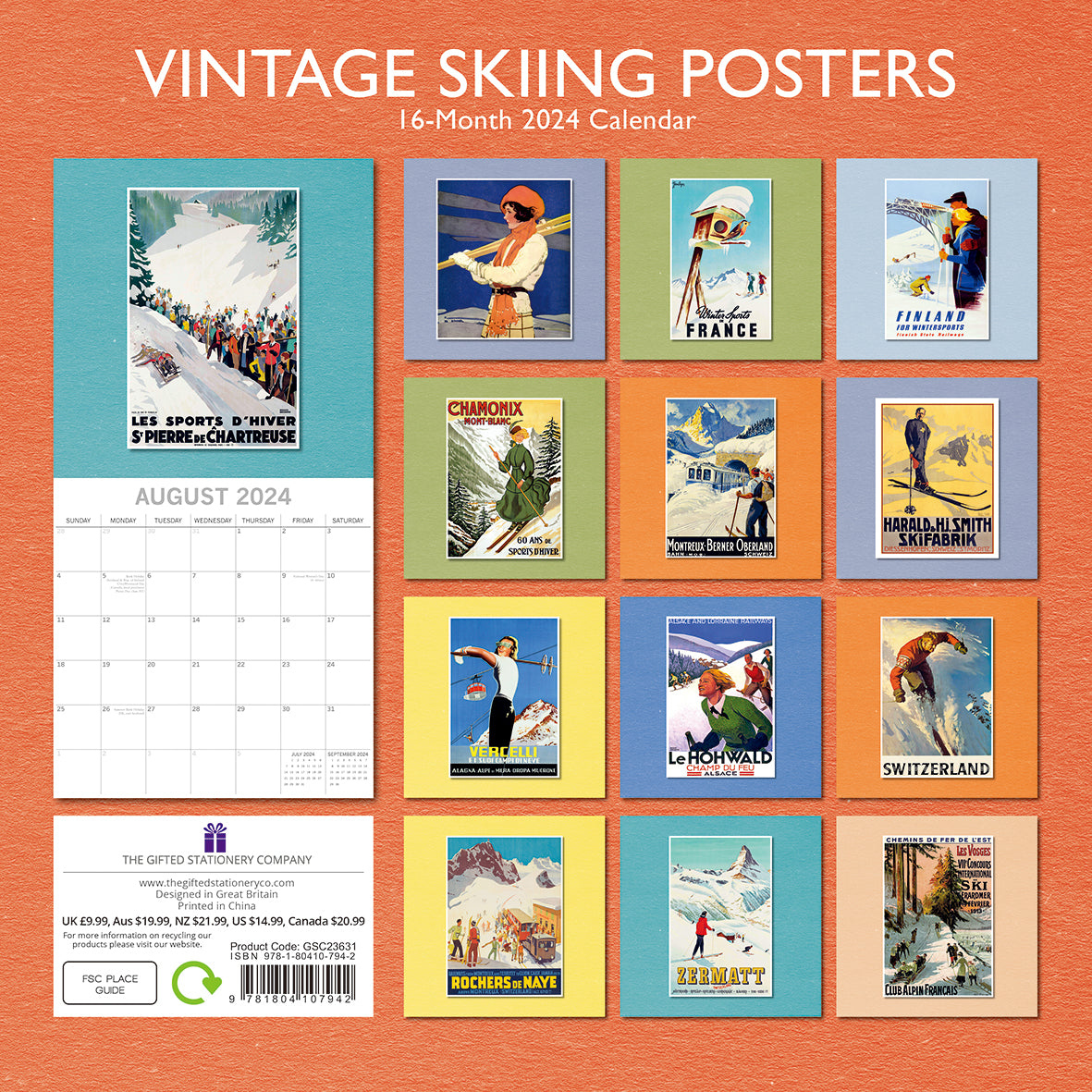 Vintage Skiing Posters - 2024 Square Wall Calendar 16 Months Arts Planner Gift