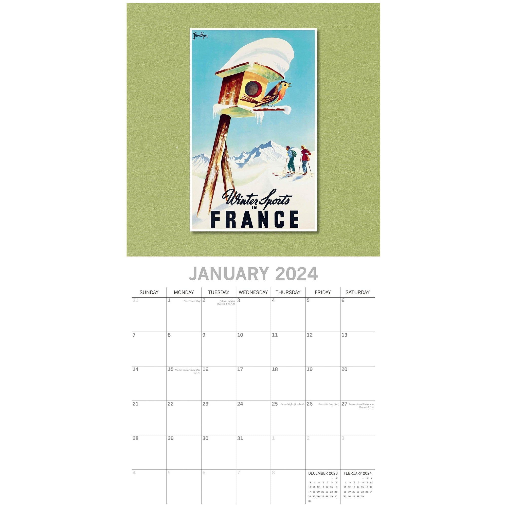 Vintage Skiing Posters - 2024 Square Wall Calendar 16 Months Arts Planner Gift