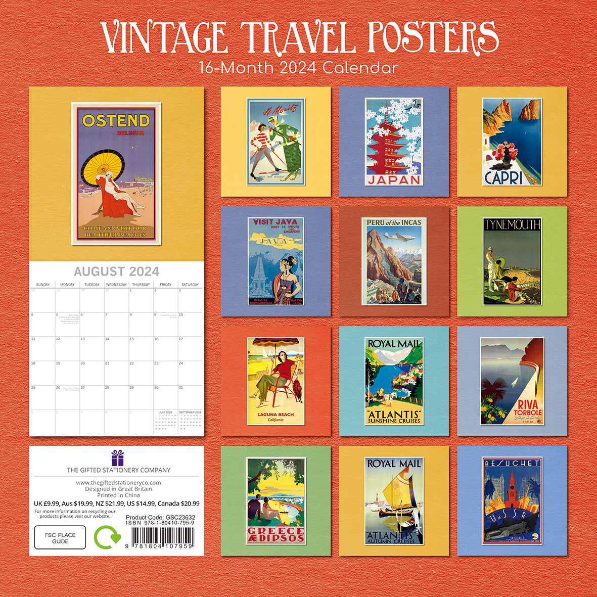 Vintage Travel Posters - 2024 Square Wall Calendar 16 Months Arts Planner Gift