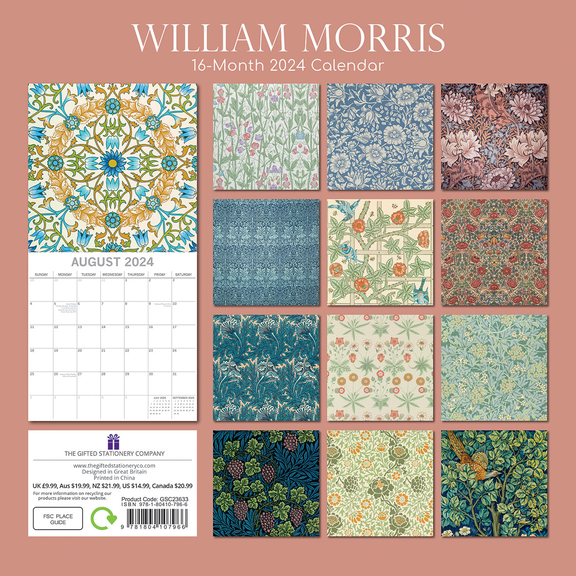 William Morris - Rose - 2024 Square Wall Calendar 16 Months Arts Planner Gift