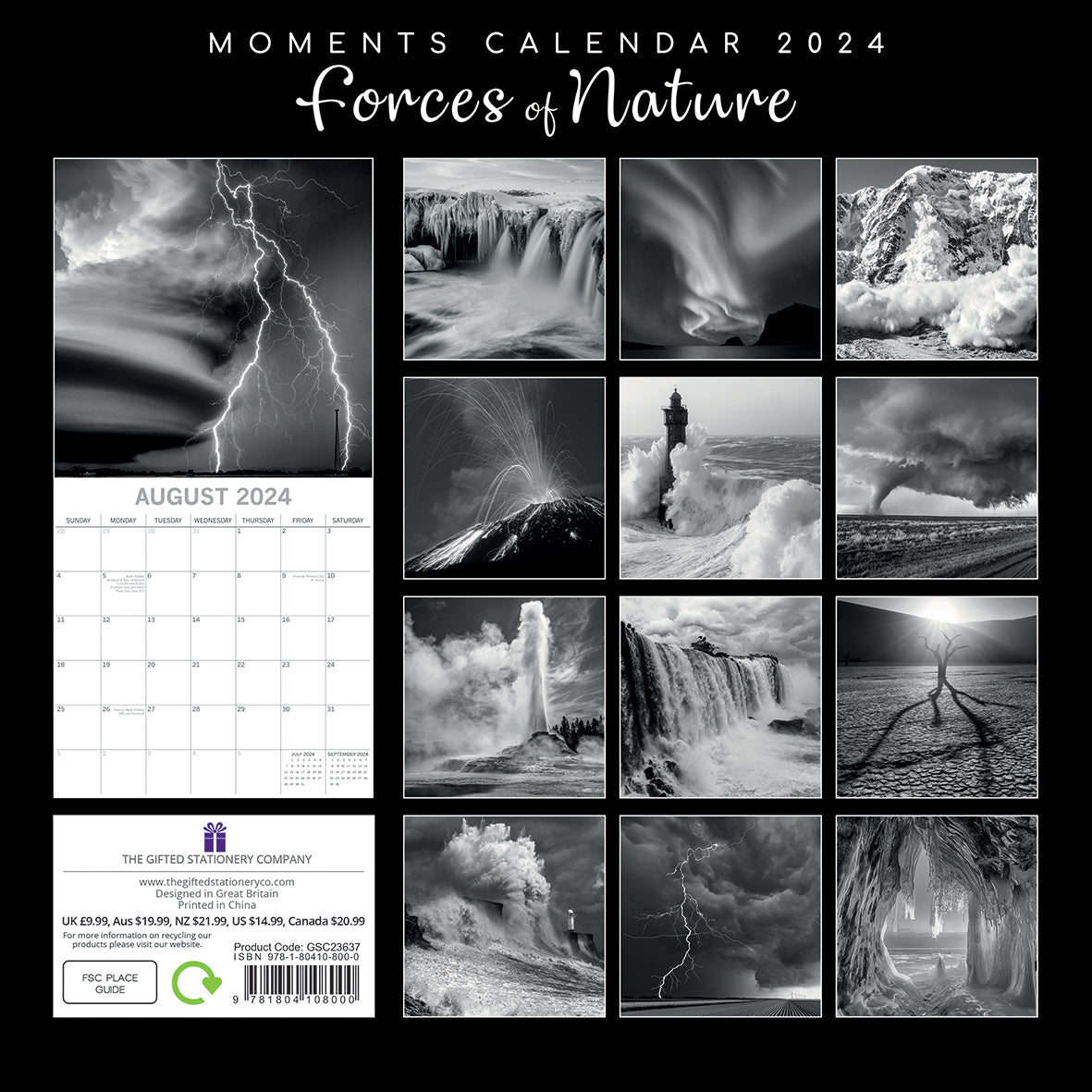 Forces of Nature - 2024 Square Wall Calendar 16 Month Black & White Planner Gift