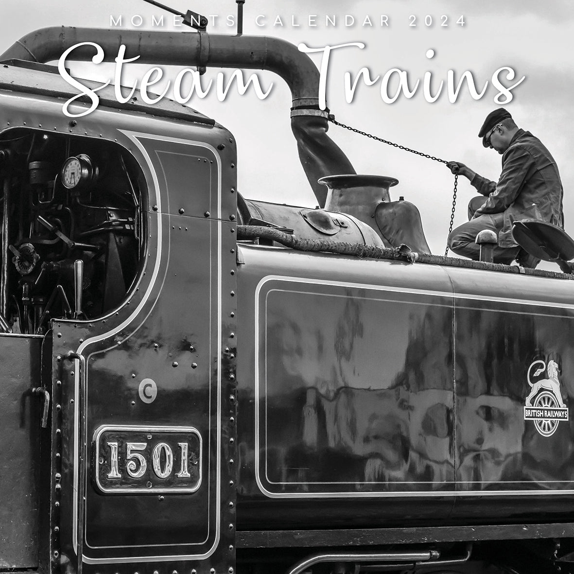 Steam Trains - 2024 Square Wall Calendar 16 Month Black &amp; White Planner New Year