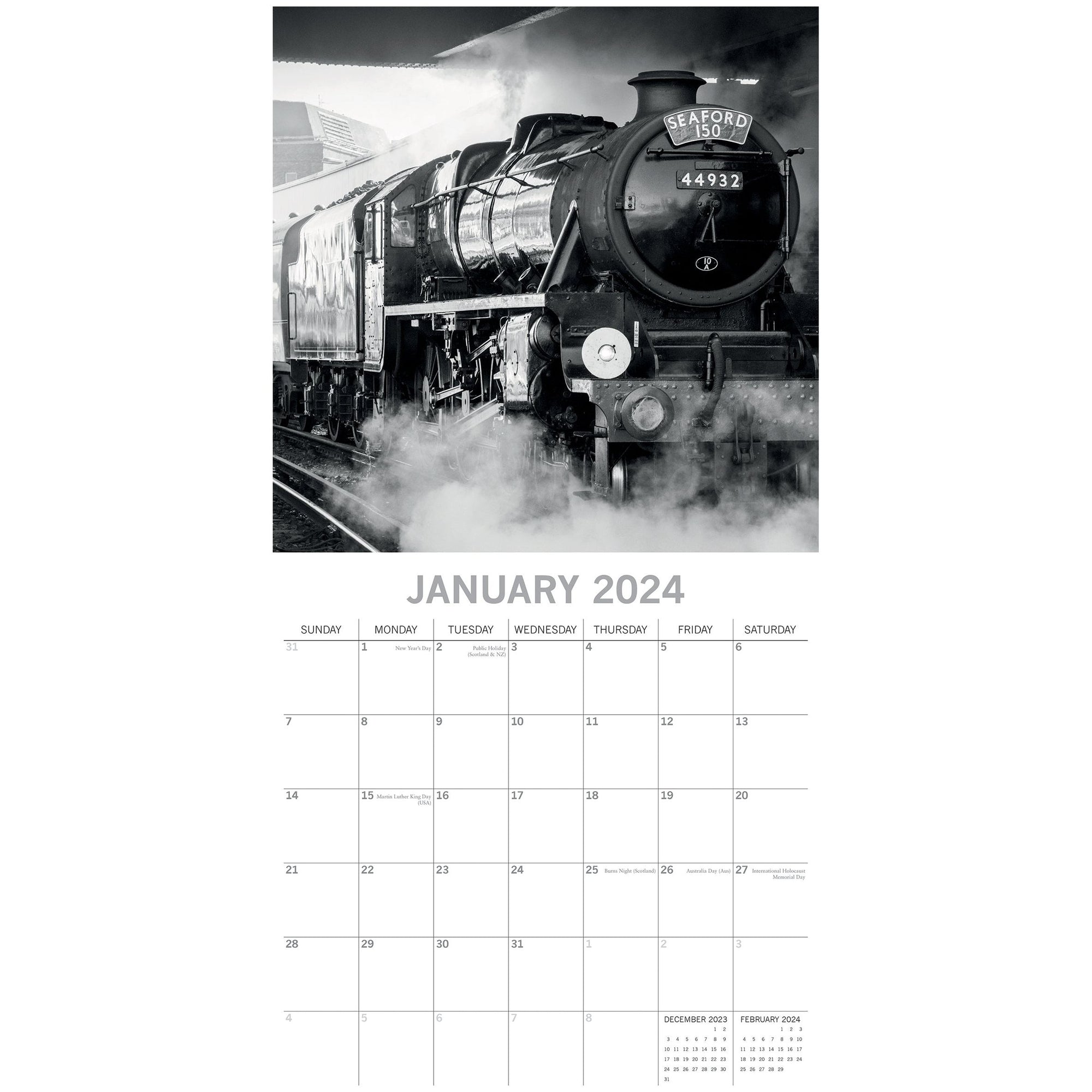 Steam Trains - 2024 Square Wall Calendar 16 Month Black & White Planner New Year