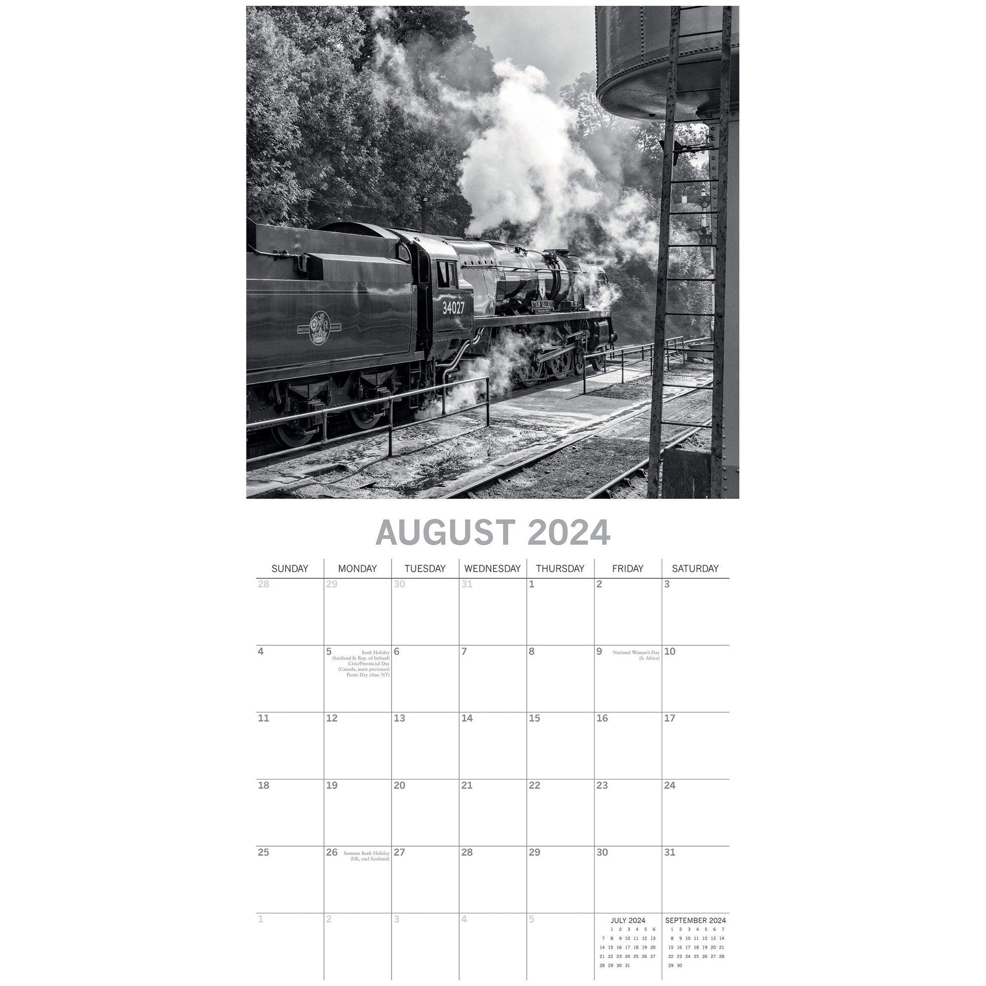 Steam Trains - 2024 Square Wall Calendar 16 Month Black & White Planner New Year