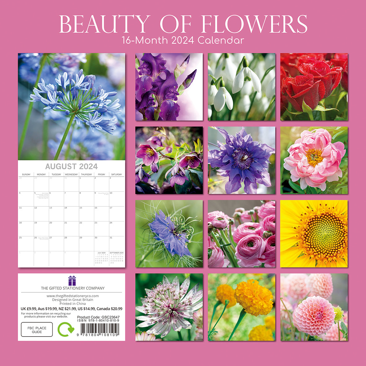 Beauty of Flowers 2024 Square Wall Calendar 16Month Floral Planner New Year Gift