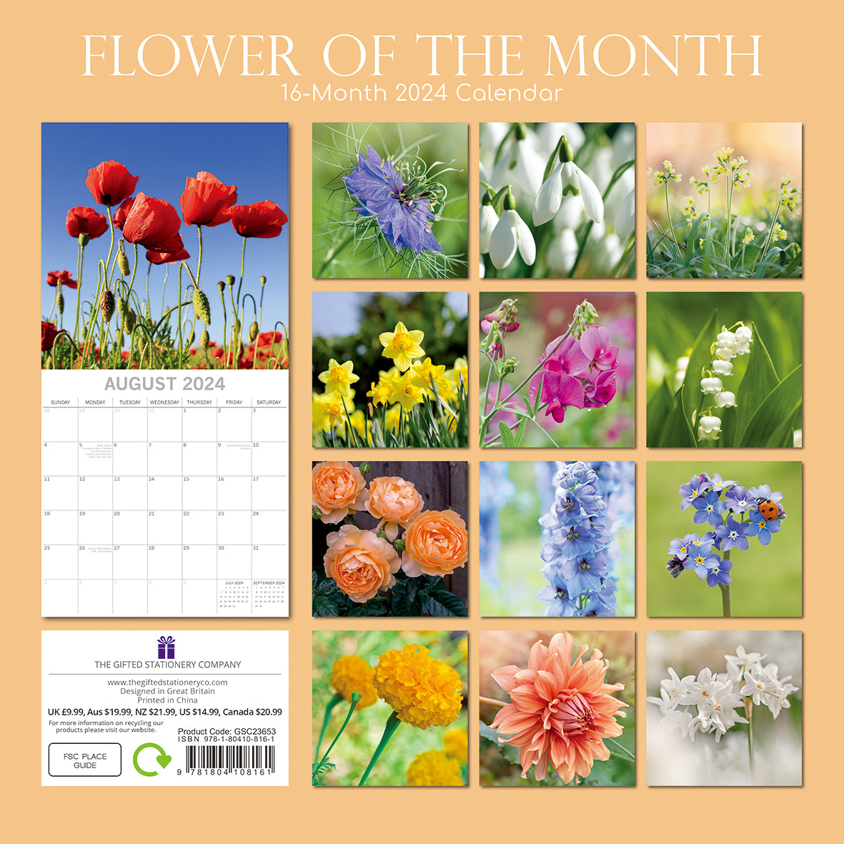 Flower of the Month - 2024 Square Wall Calendar 16 Months Floral Planner Gift