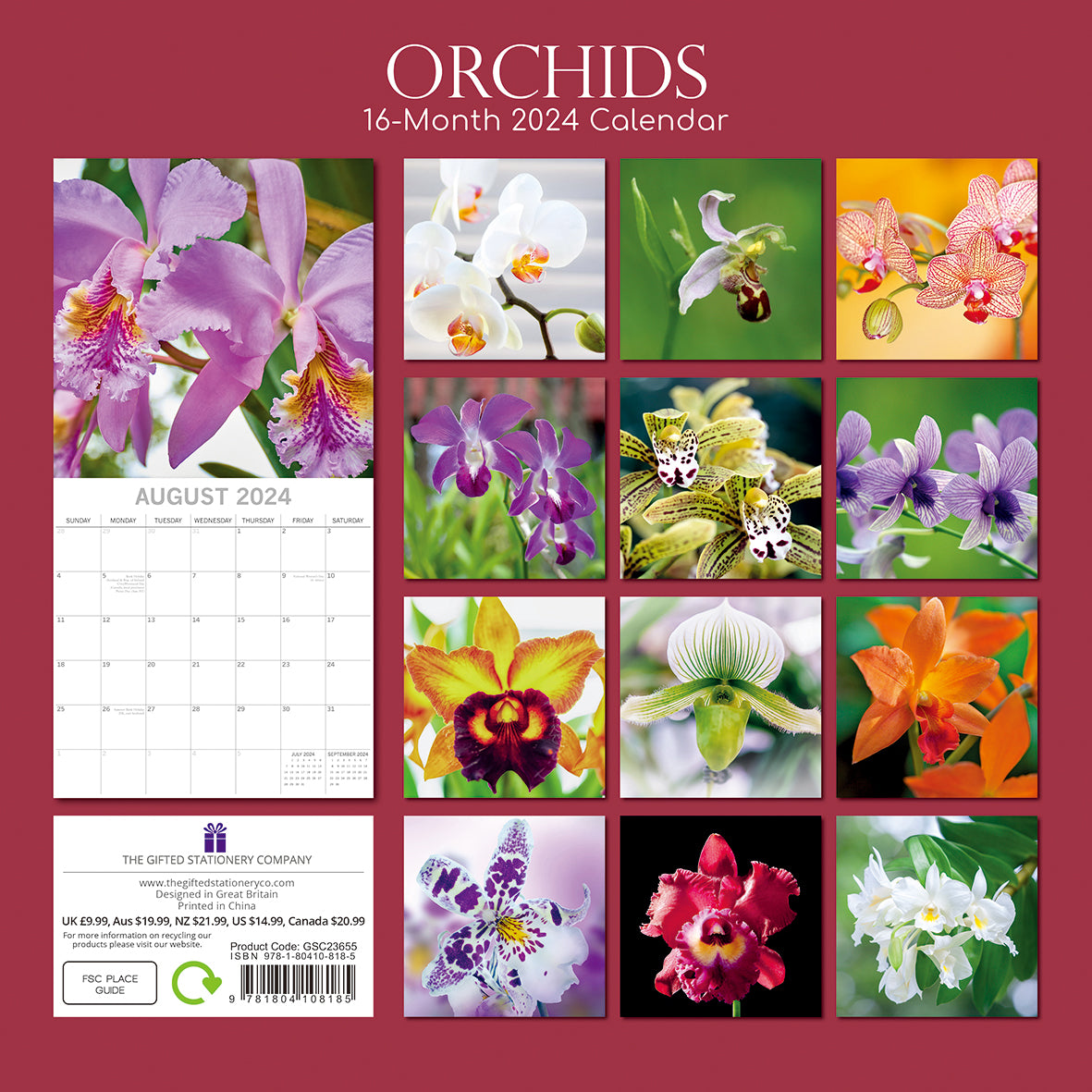 Orchids 2024 Square Wall Calendar 16Month Floral Planner Christmas New Year Gift