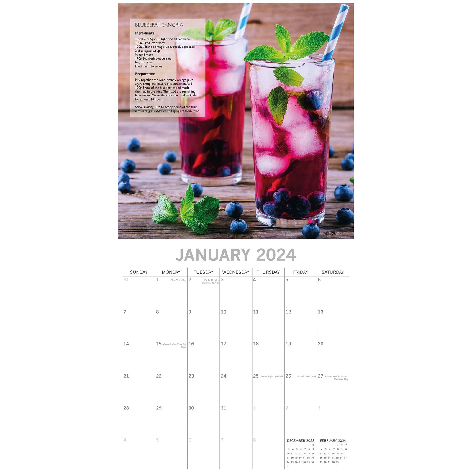 Cocktails - 2024 Square Wall Calendar 16 Months Food Planner New Year w Recipes