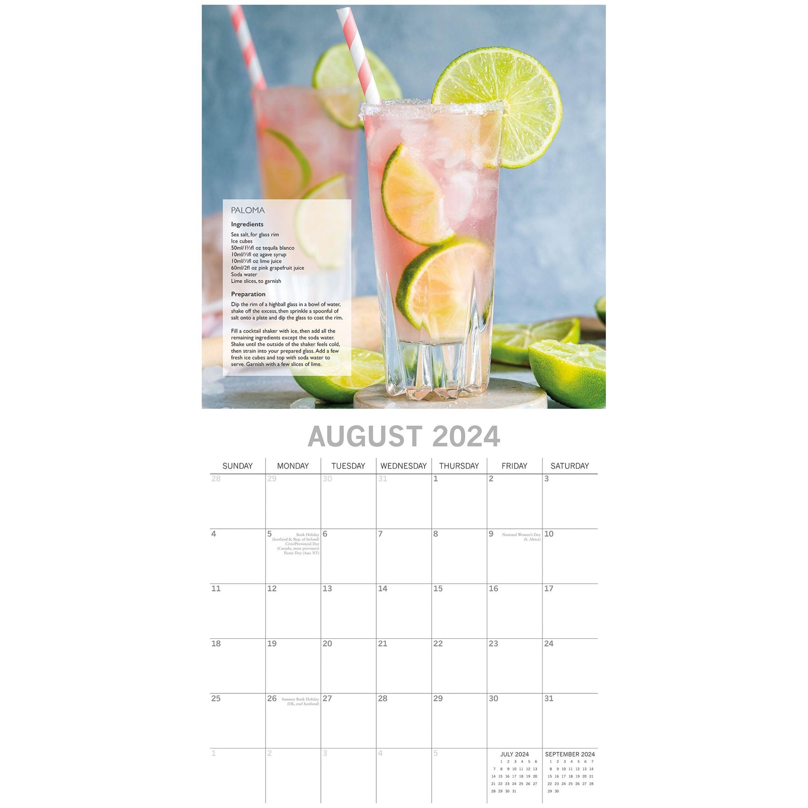 Cocktails - 2024 Square Wall Calendar 16 Months Food Planner New Year w Recipes