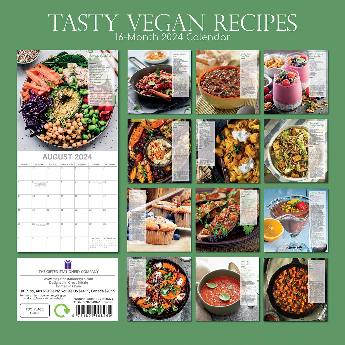Tasty Vegan Recipes - 2024 Square Wall Calendar 16 Months Food Planner Xmas Gift