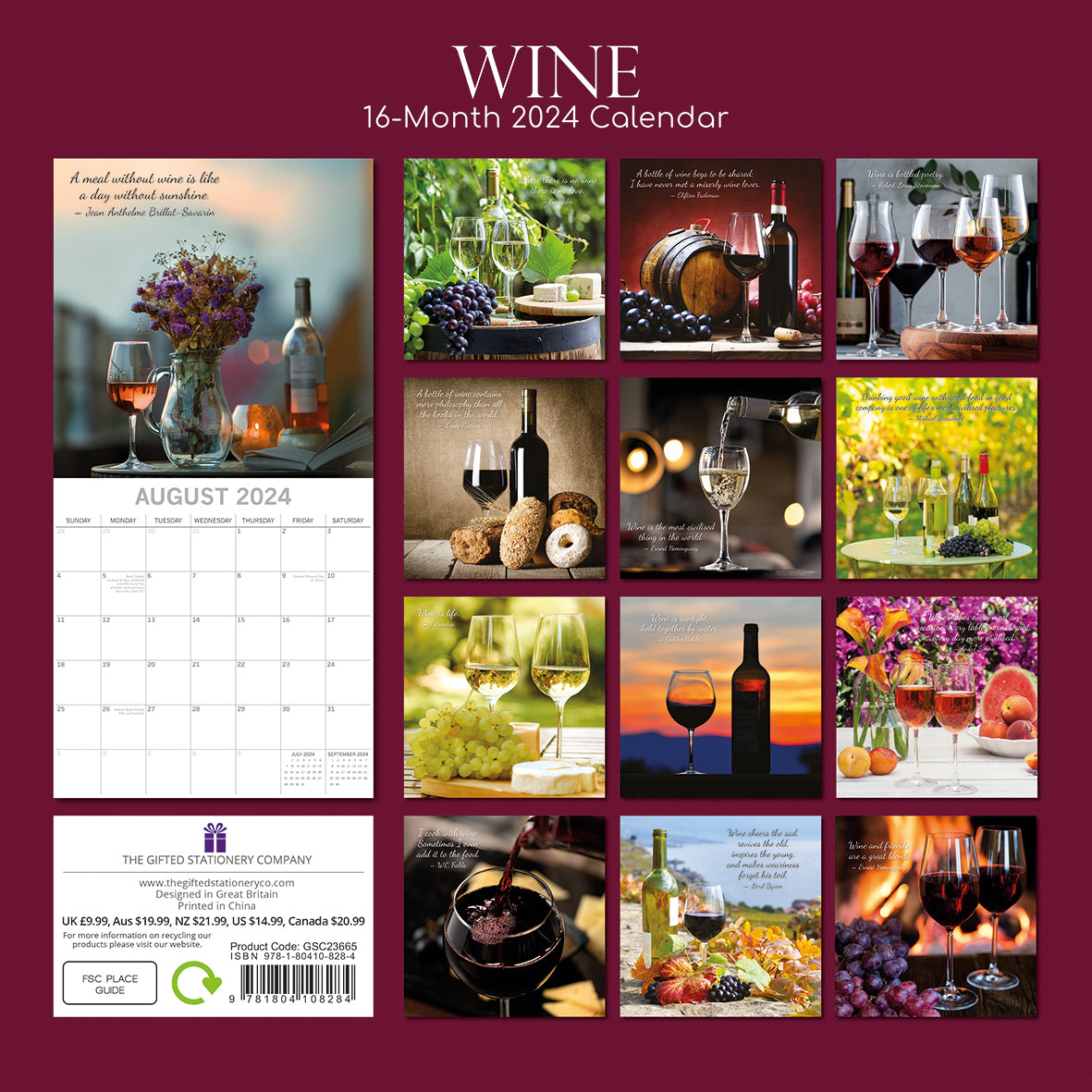 Wine - 2024 Square Wall Calendar 16 Months Food Drink Planner Christmas New Year