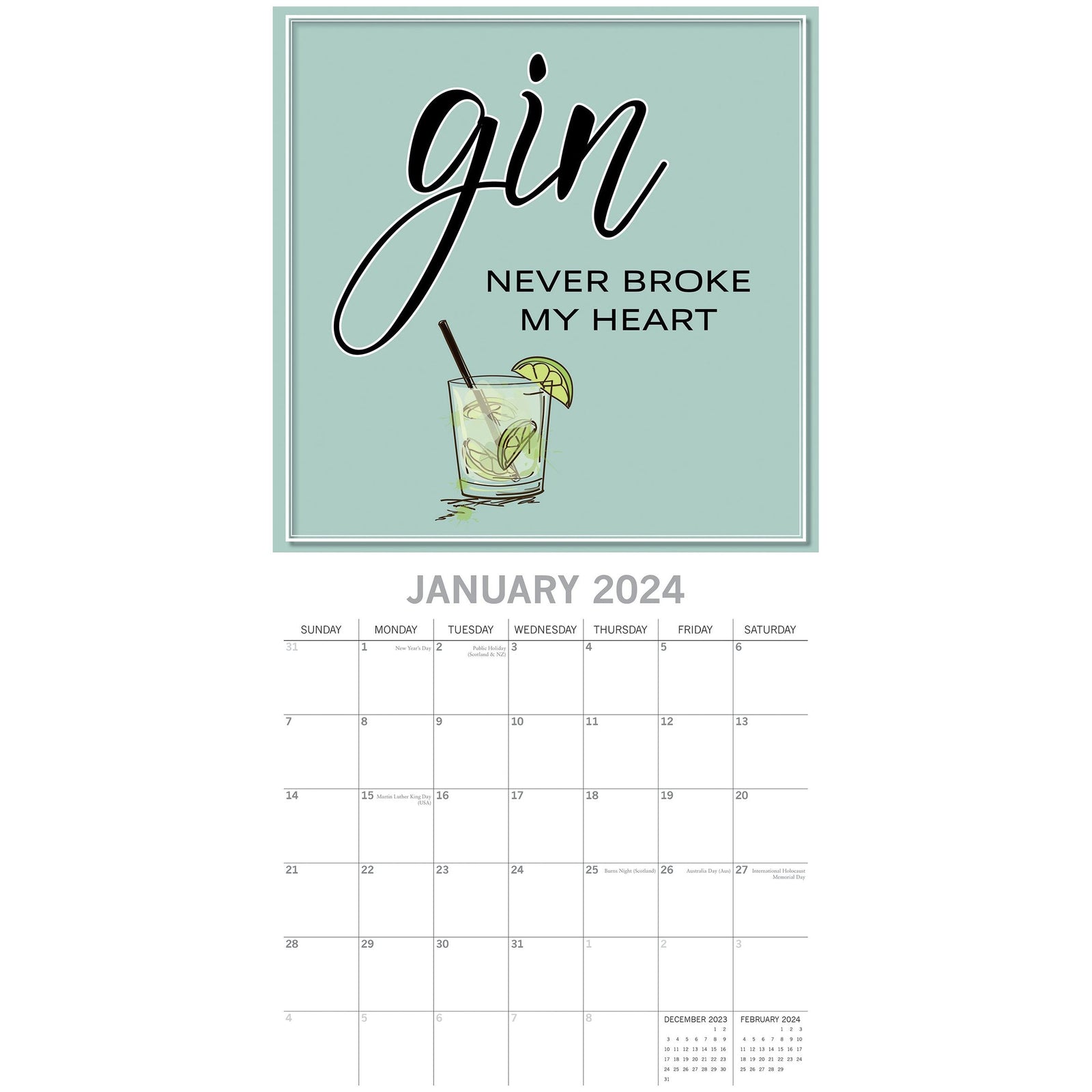 Gin - 2024 Square Wall Calendar 16 Months Funny Planner Christmas New Year Gift