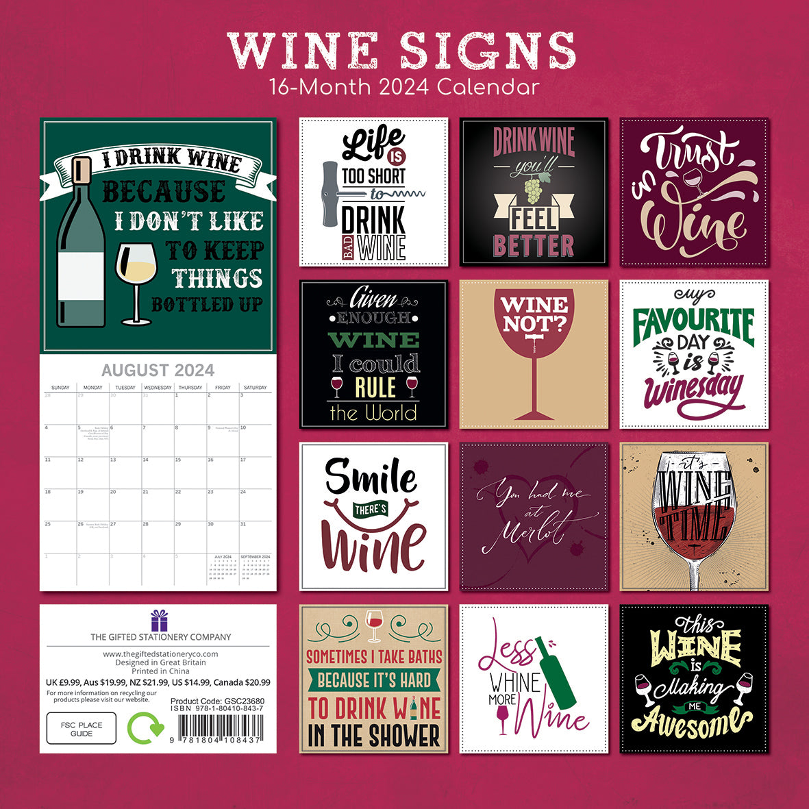 Wine Signs - 2024 Square Wall Calendar 16 Months Planner Christmas New Year Gift