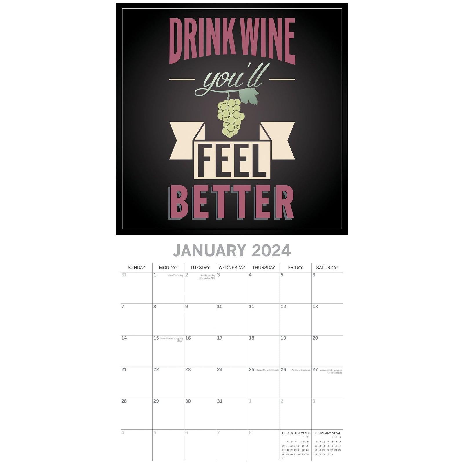 Wine Signs - 2024 Square Wall Calendar 16 Months Planner Christmas New Year Gift