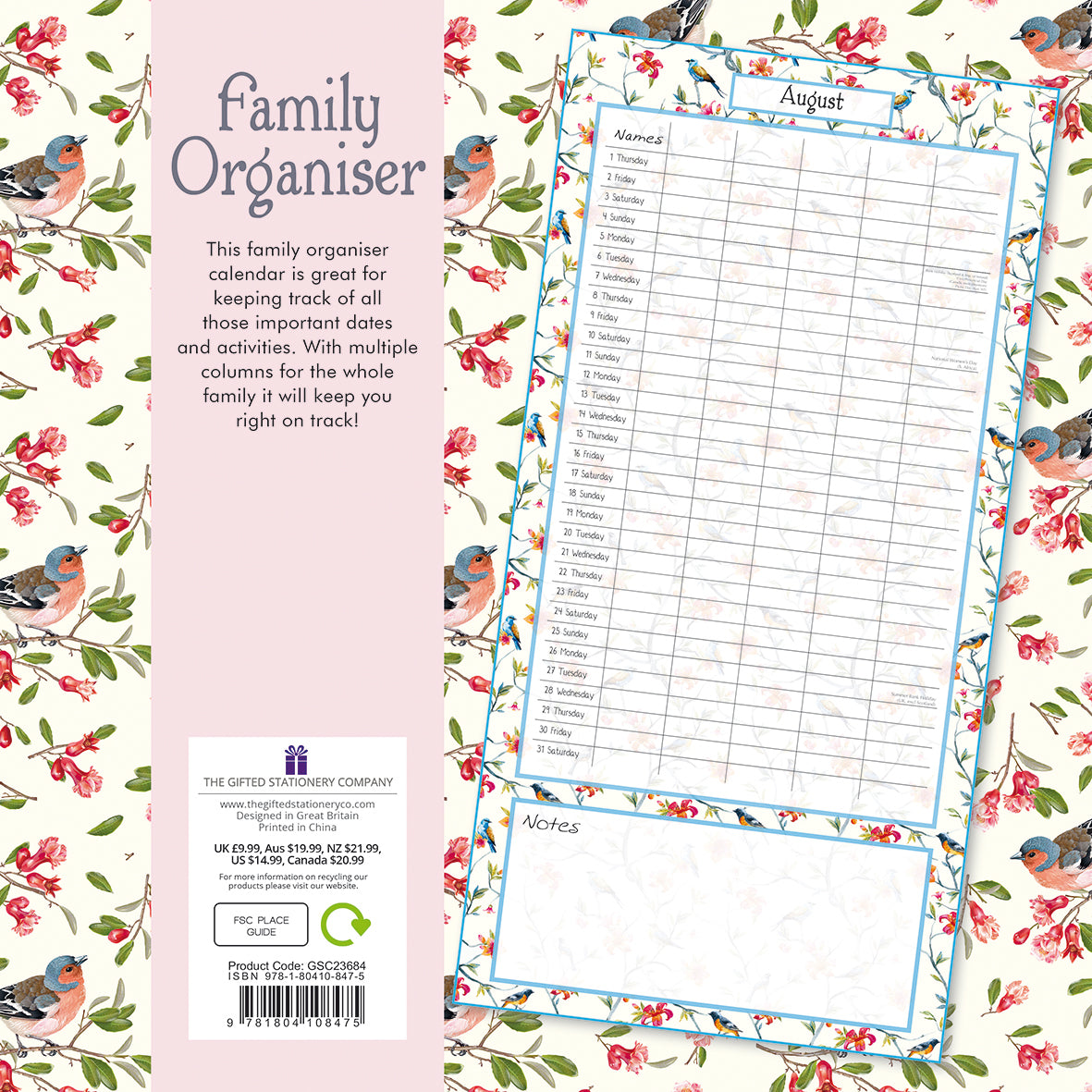 Birdsong Family Organiser - 2024 Square Wall Calendar 16 Months School Planner