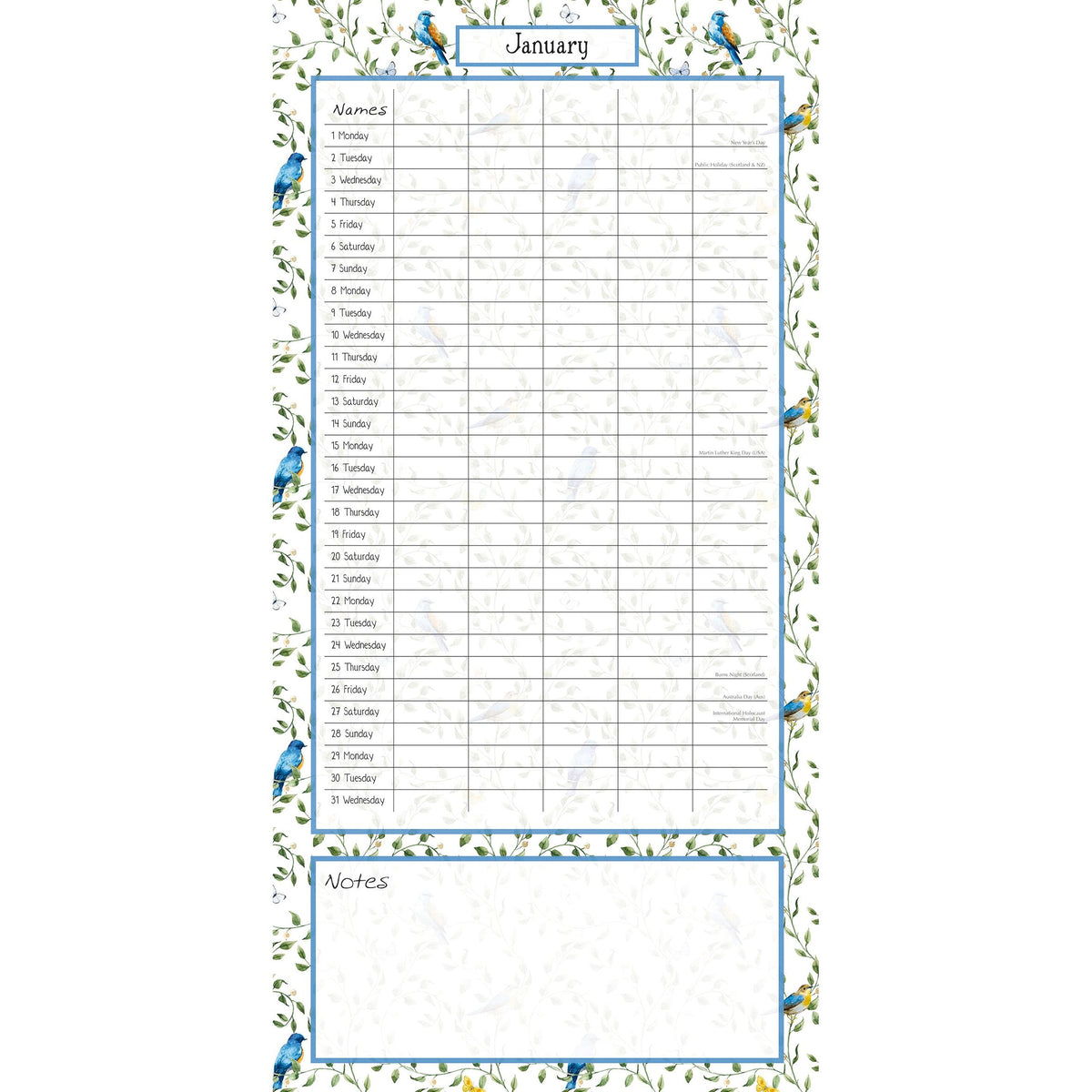 Birdsong Family Organiser - 2024 Square Wall Calendar 16 Months School Planner