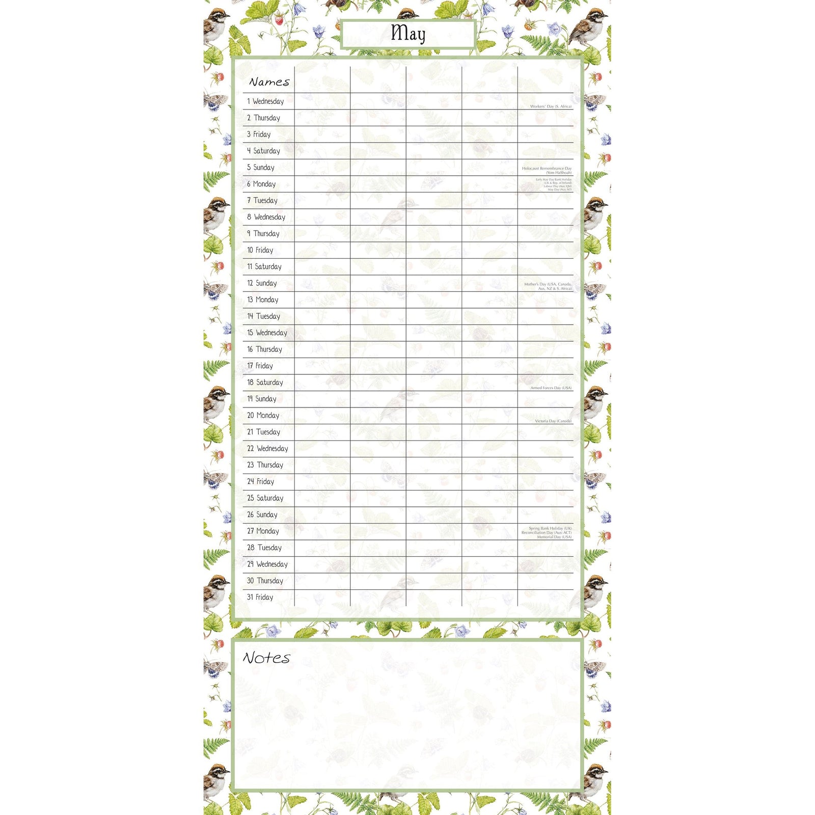 Birdsong Family Organiser - 2024 Square Wall Calendar 16 Months School Planner