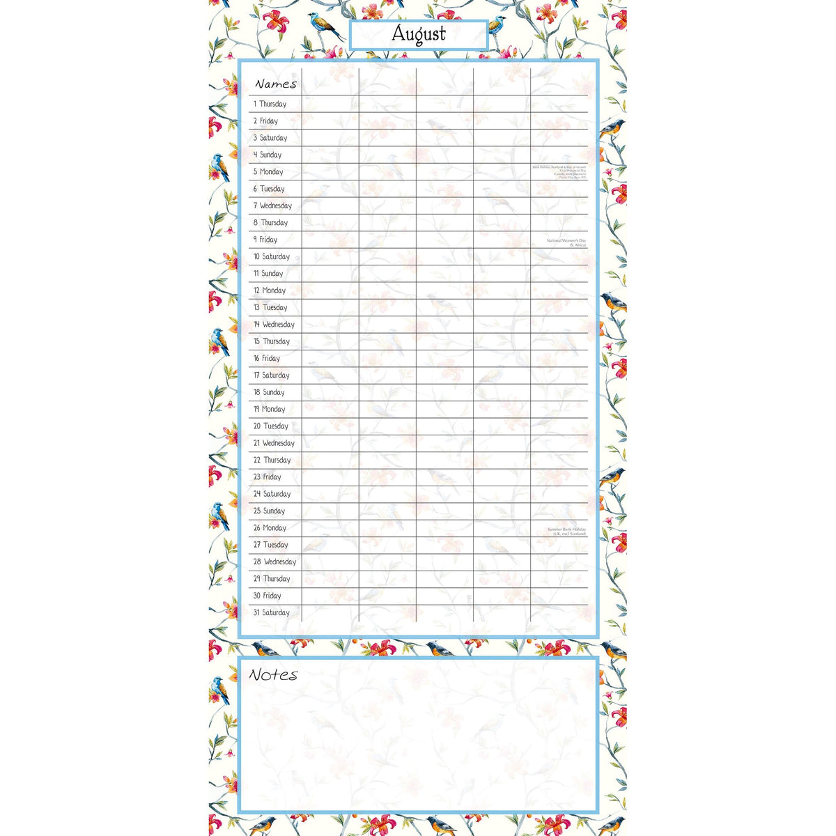 Birdsong Family Organiser - 2024 Square Wall Calendar 16 Months School Planner