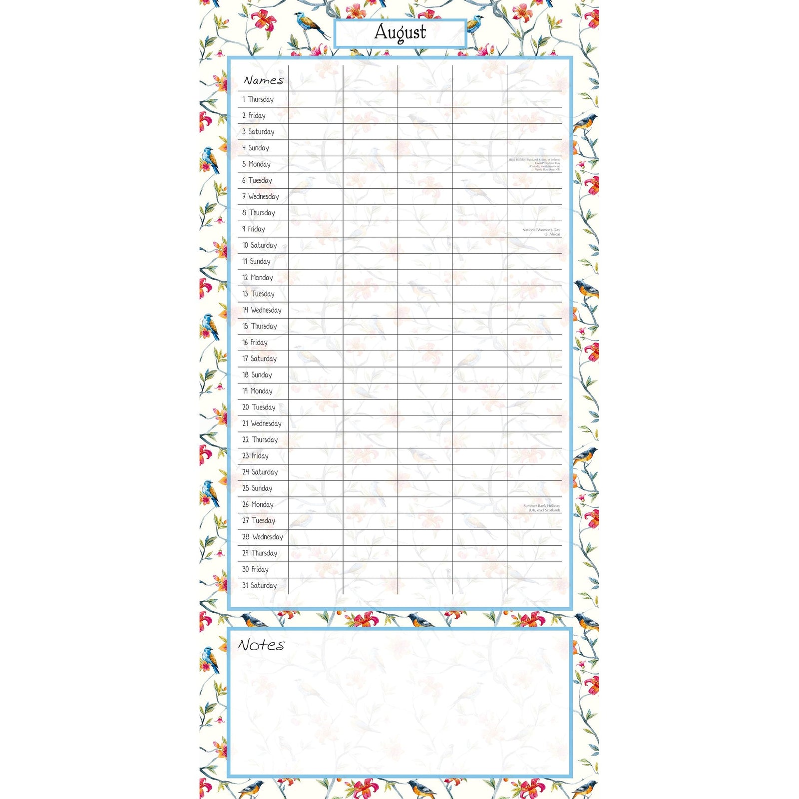 Birdsong Family Organiser - 2024 Square Wall Calendar 16 Months School Planner