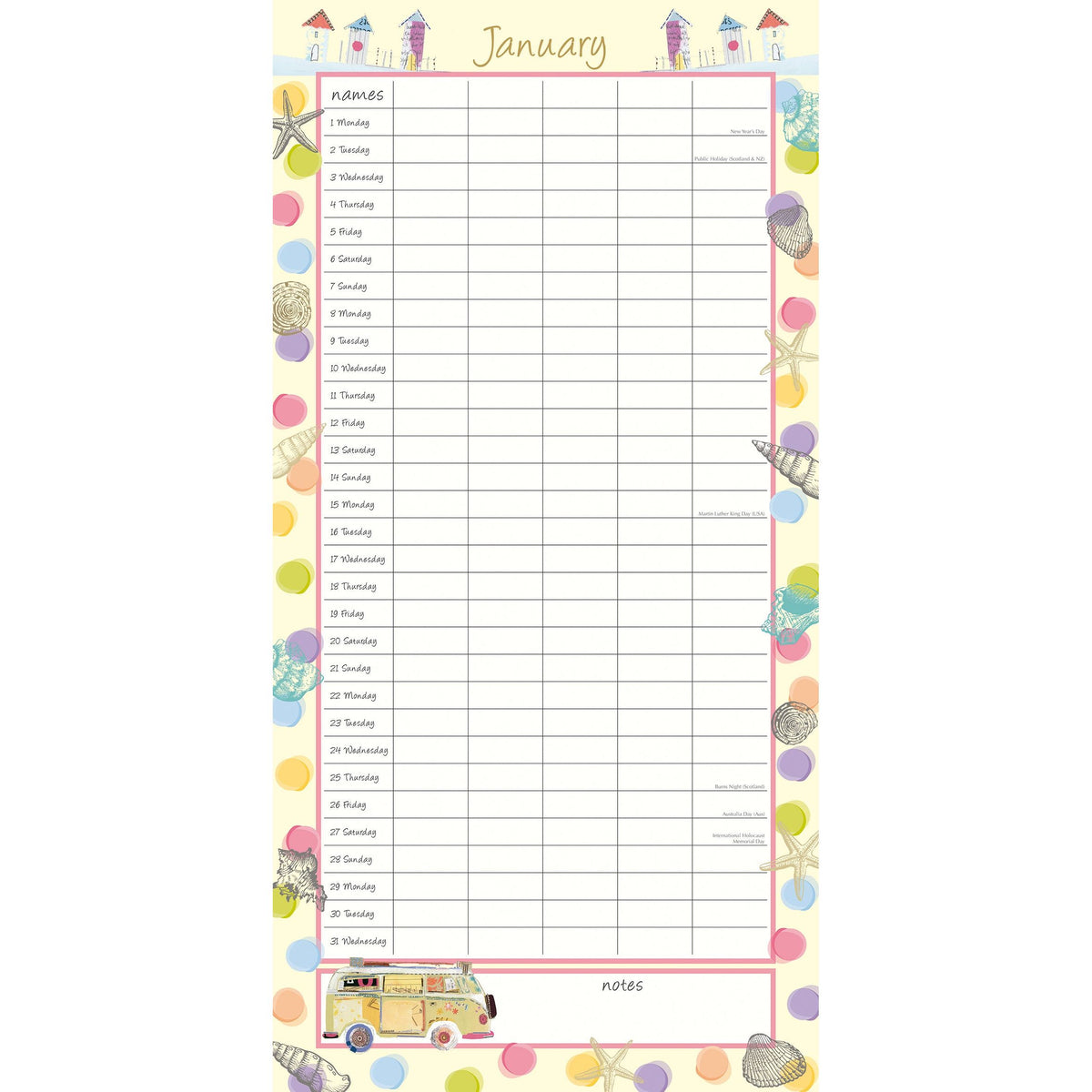 By the Sea Family Organiser - 2024 Square Wall Calendar 16 Months School Planner