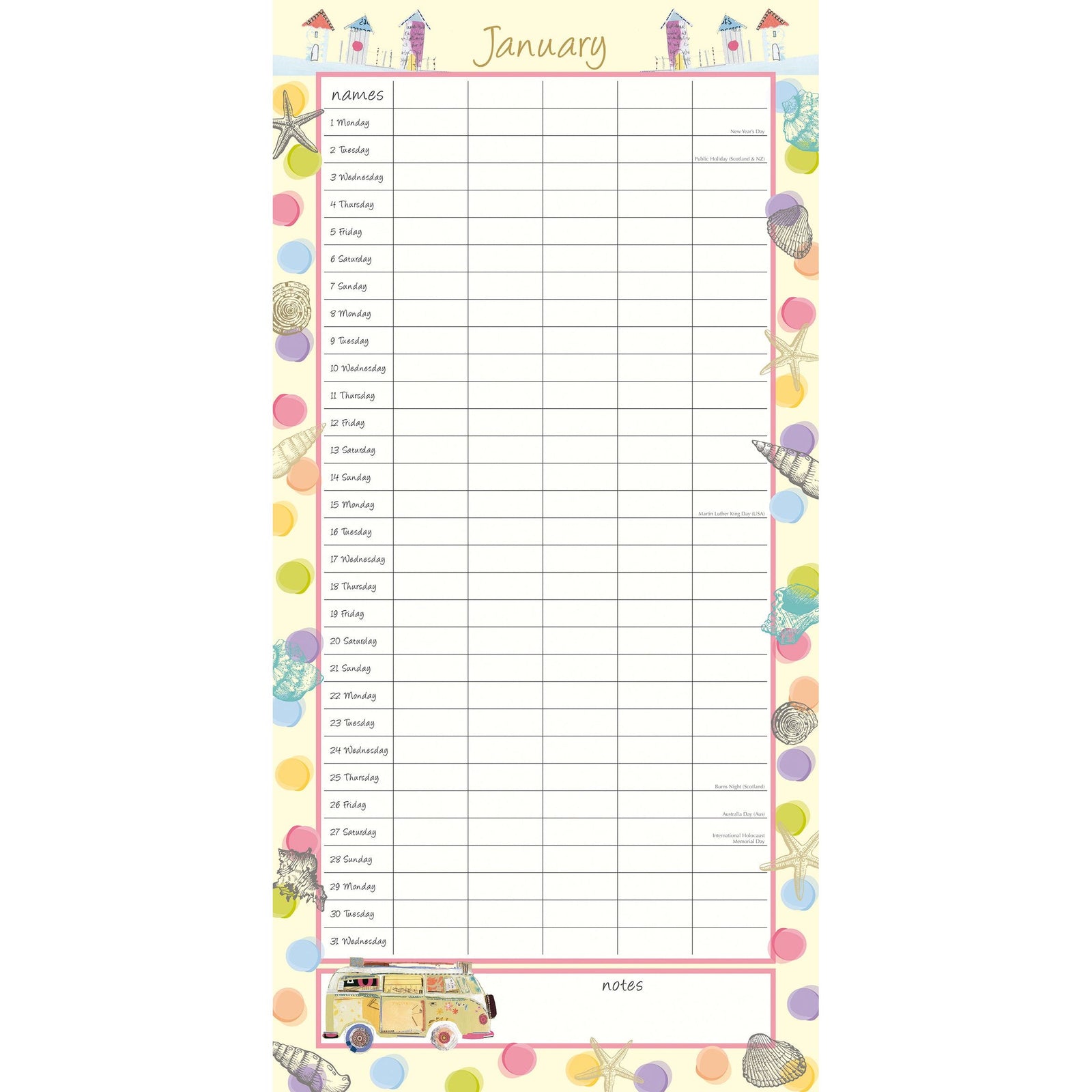 By the Sea Family Organiser - 2024 Square Wall Calendar 16 Months School Planner
