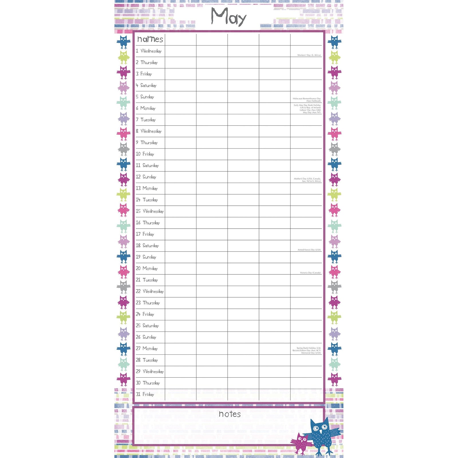 Owls Family Organiser - 2024 Square Wall Calendar 16 Month School Planner Birds
