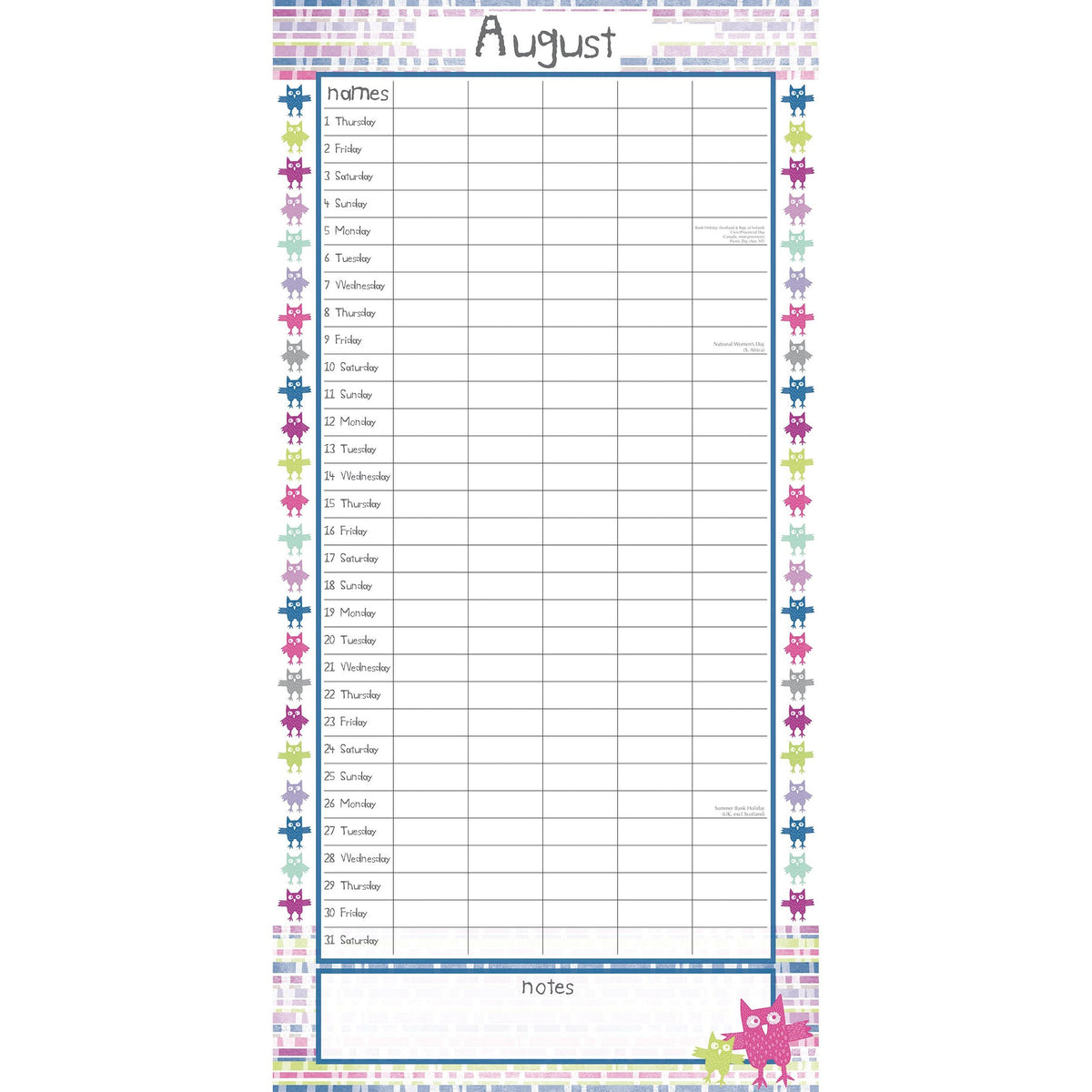 Owls Family Organiser - 2024 Square Wall Calendar 16 Month School Planner Birds