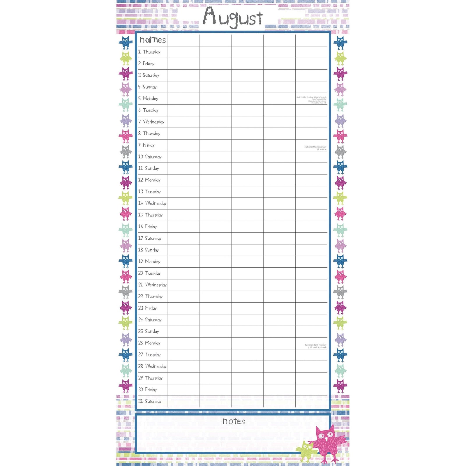 Owls Family Organiser - 2024 Square Wall Calendar 16 Month School Planner Birds