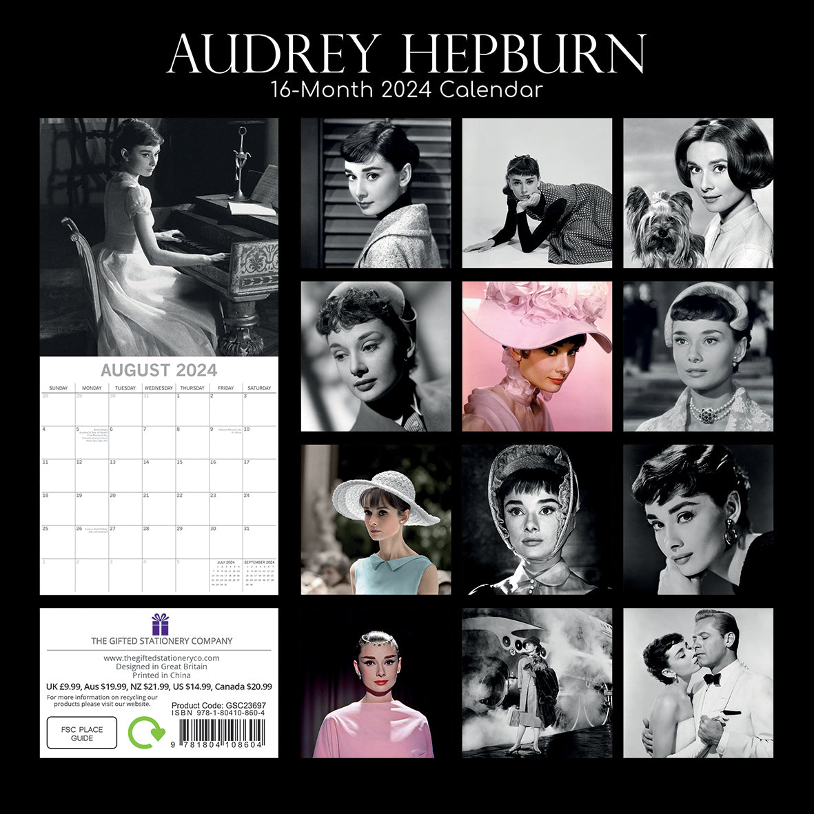 Audrey Hepburn - 2024 Square Wall Calendar 16 Months Planner Xmas New Year Gift