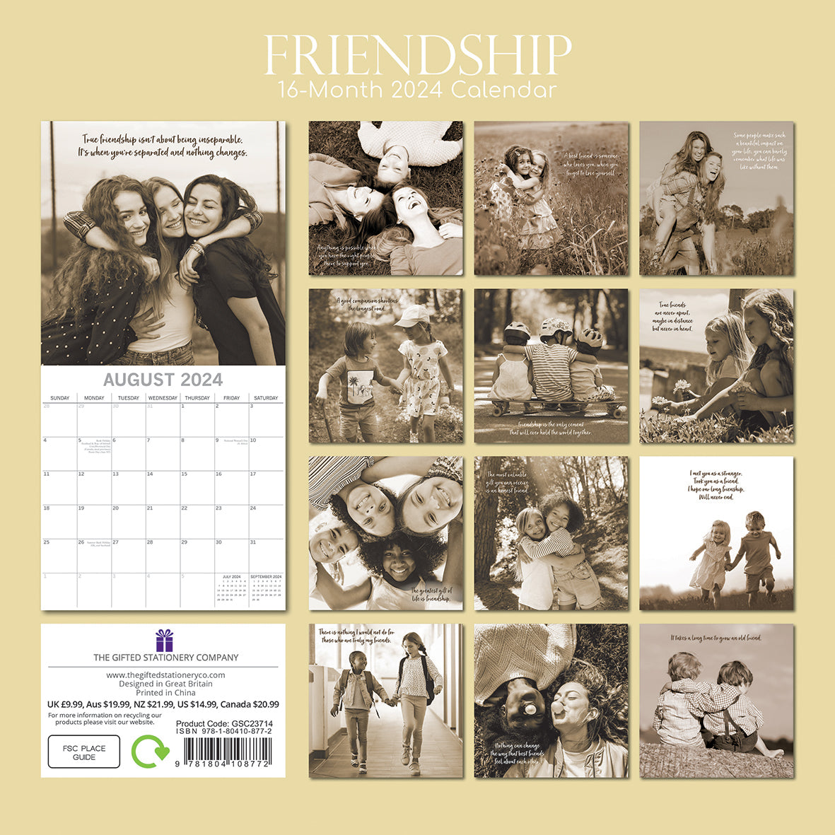 Friendship - 2024 Square Wall Calendar 16 Months Lifestyle Planner New Year Gift