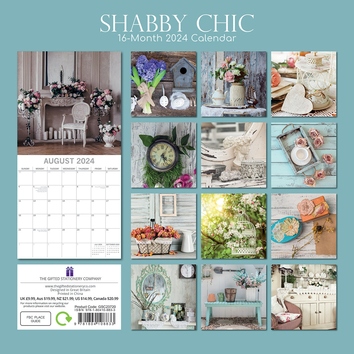 Shabby Chic - 2024 Square Wall Calendar 16 Month Lifestyle Planner New Year Gift