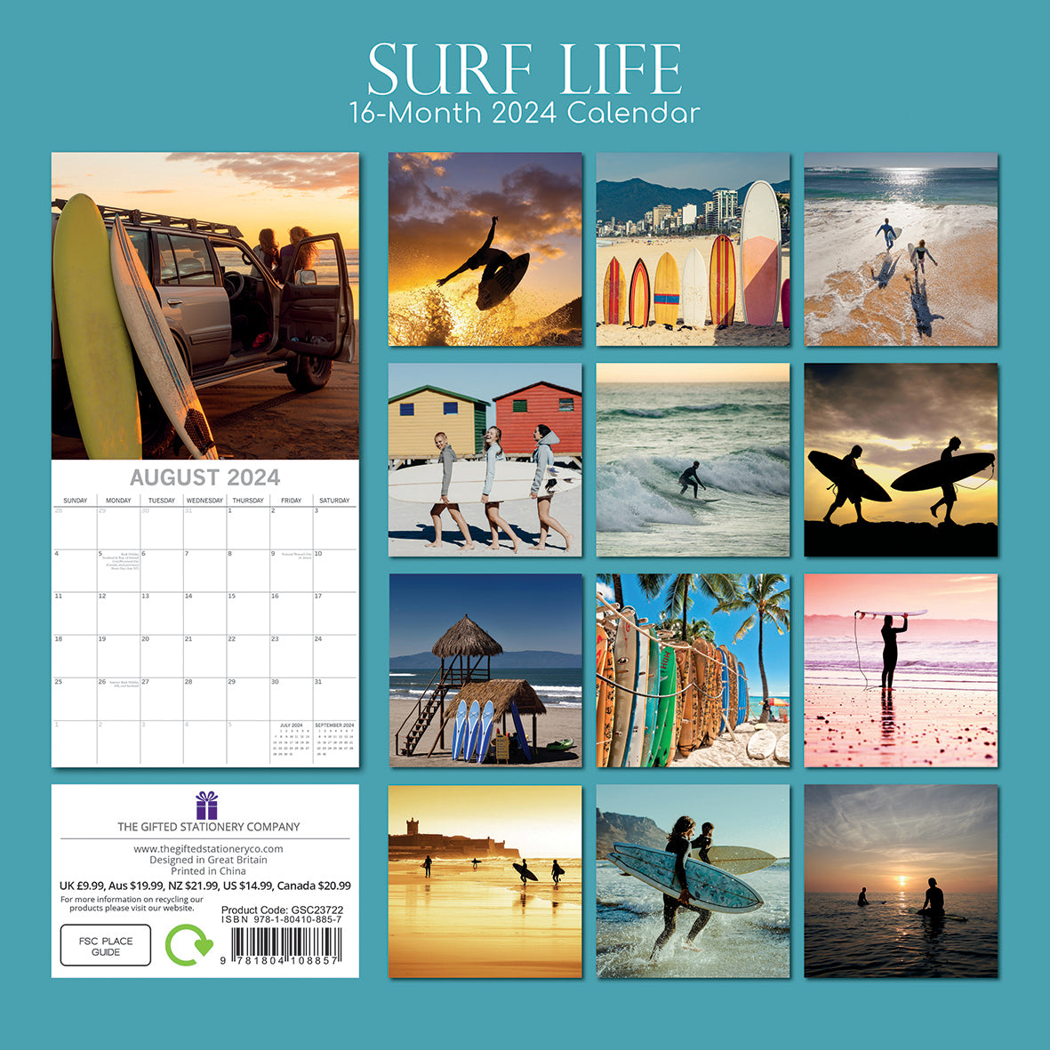 Surf Life - 2024 Square Wall Calendar 16 Months Lifestyle Planner New Year Gift