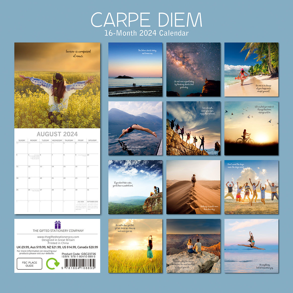 Carpe Diem - 2024 Square Wall Calendar 16 Months Planner Christmas New Year Gift