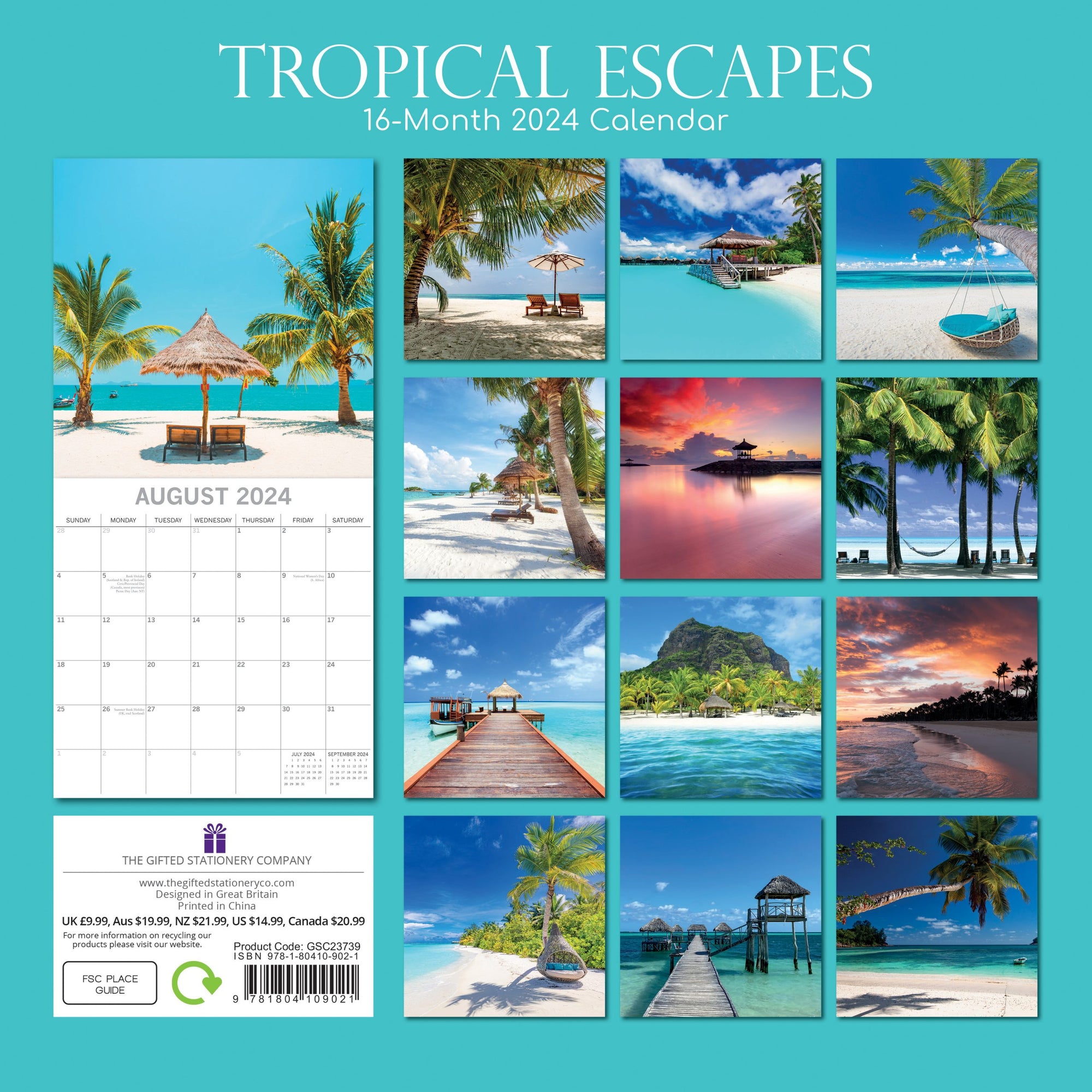 Tropical Escapes - 2024 Square Wall Calendar 16 Months Planner New Year Gift