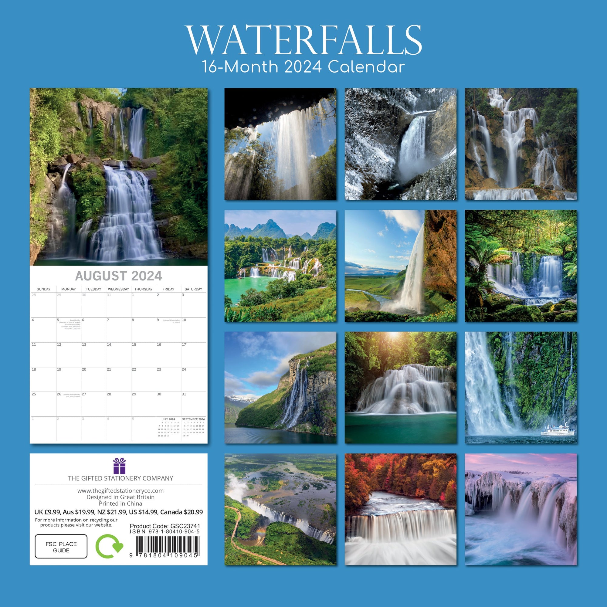 Waterfalls - 2024 Square Wall Calendar 16 Months Planner Christmas New Year Gift