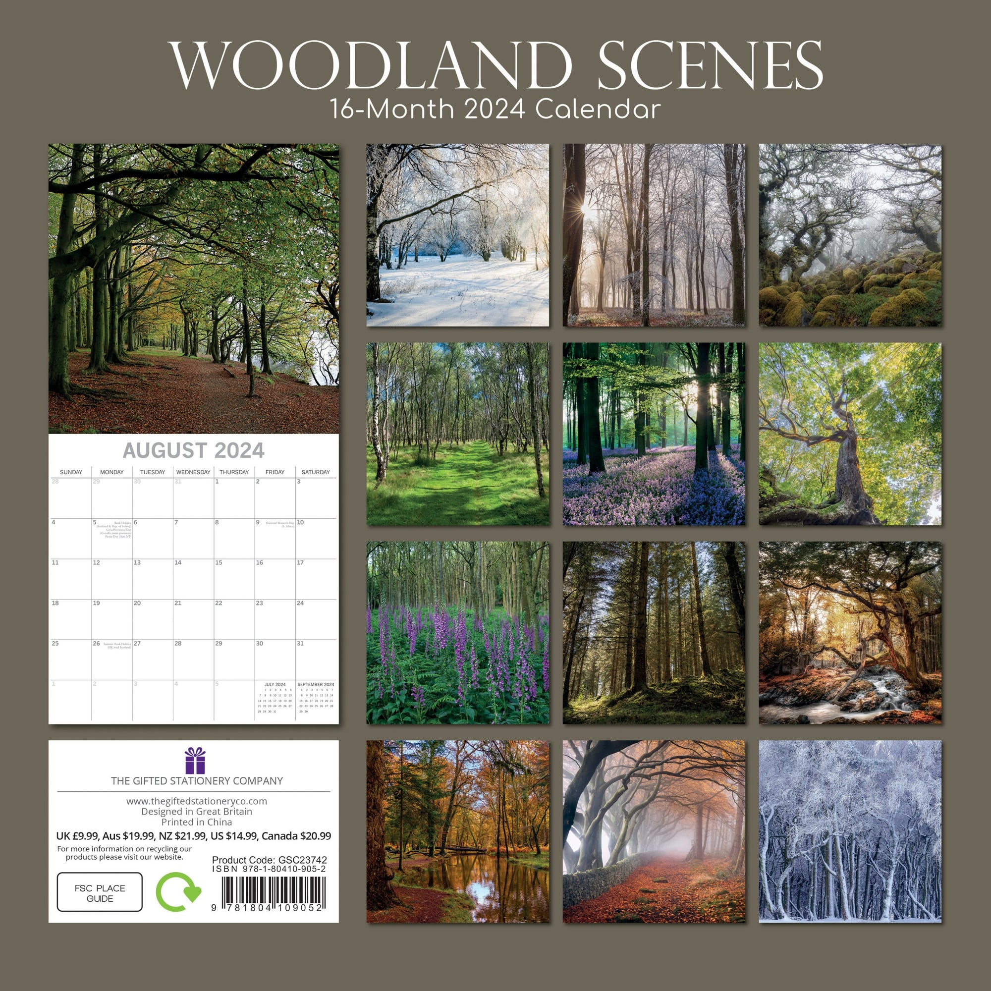 Woodland Scenes - 2024 Square Wall Calendar 16 Months Planner Xmas New Year Gift