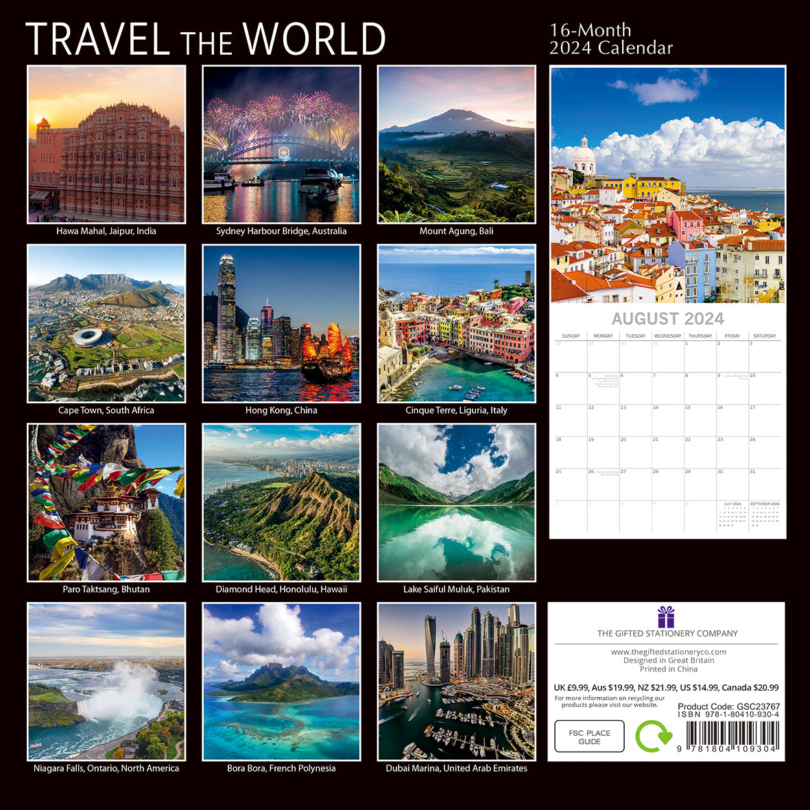 Travel the World - 2024 Square Wall Calendar 16 Months Planner New Year Gift