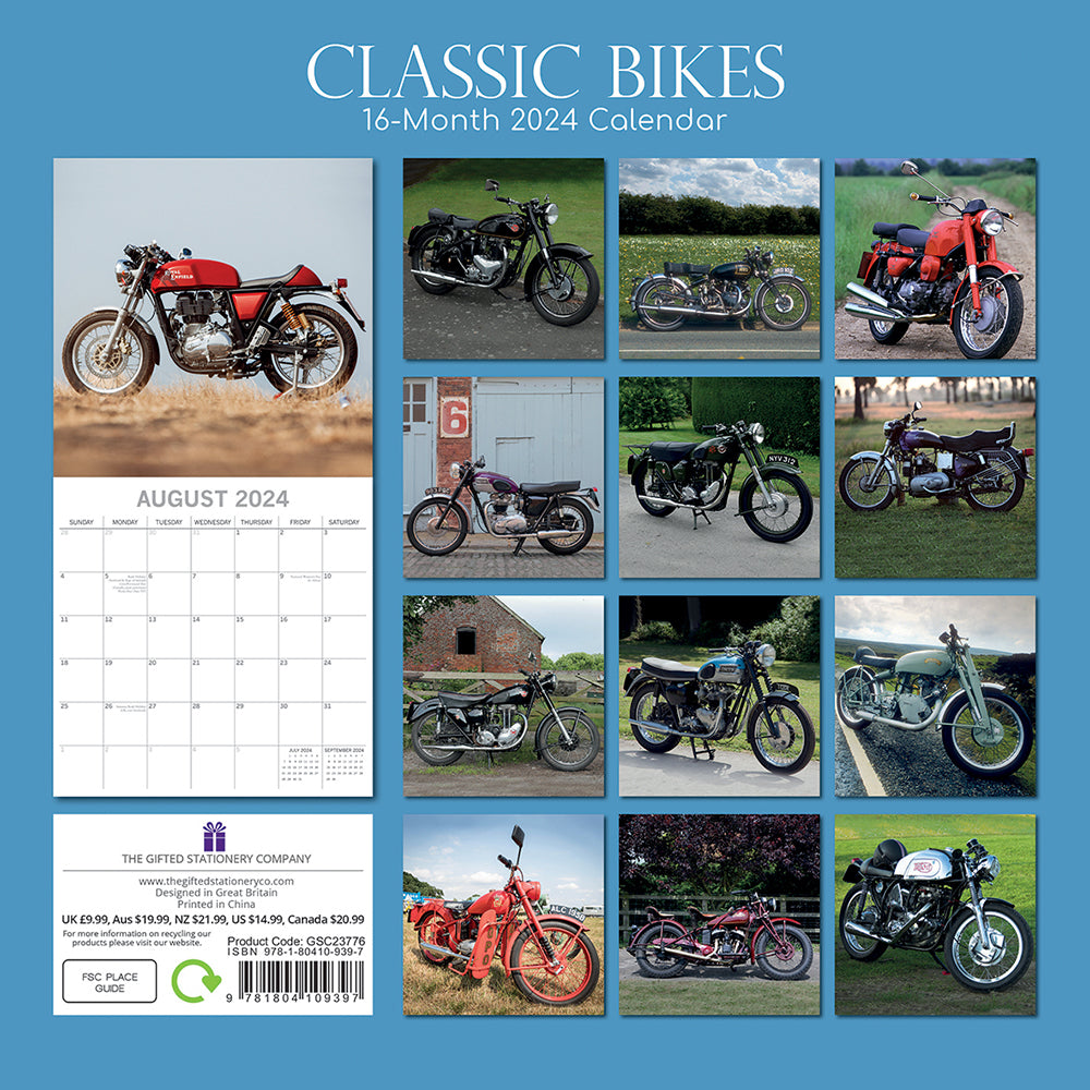 Classic Bikes 2024 Square Wall Calendar 16 Month Planner Christmas New Year Gift