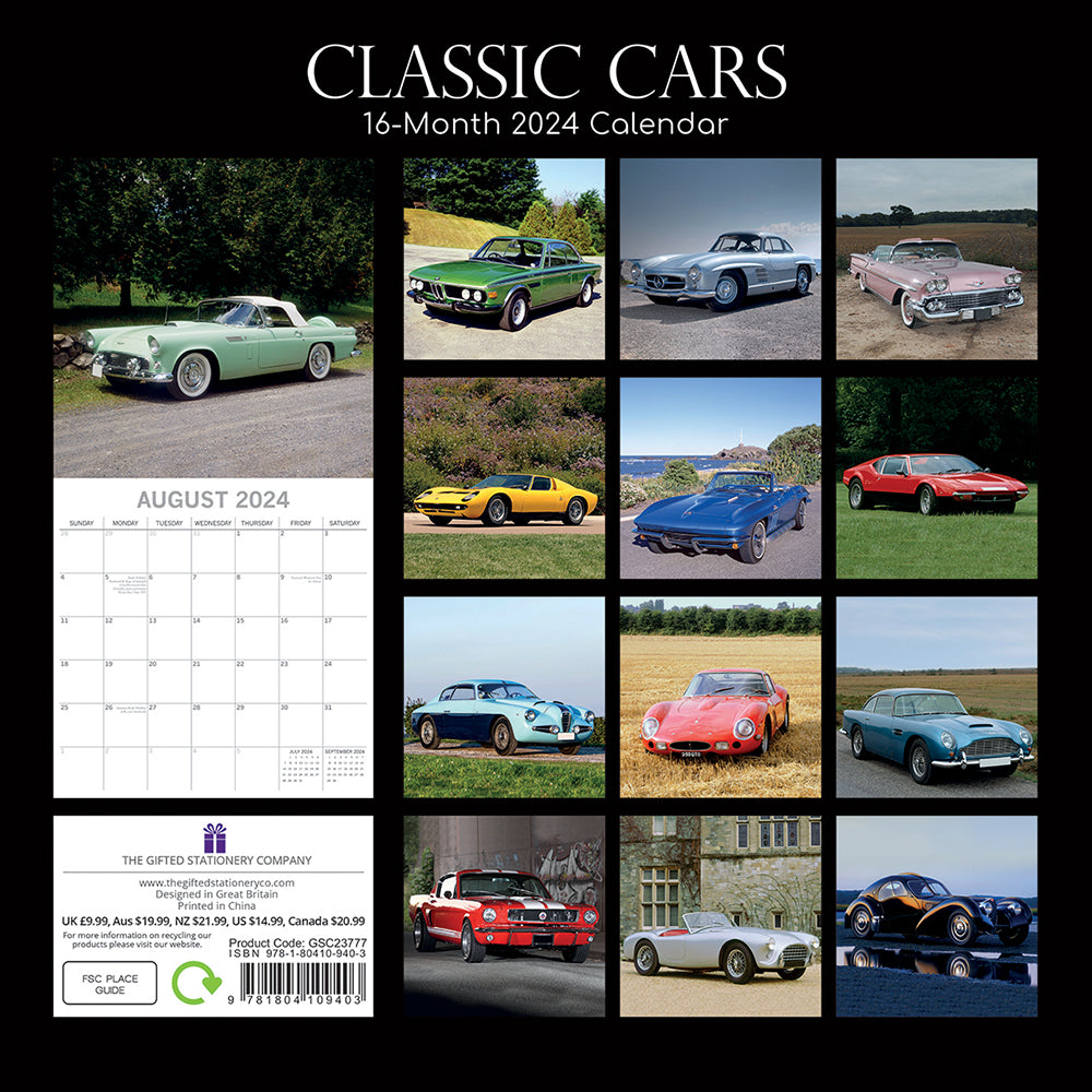 Classic Cars 2024 Square Wall Calendar 16 Months Planner Christmas New Year Gift