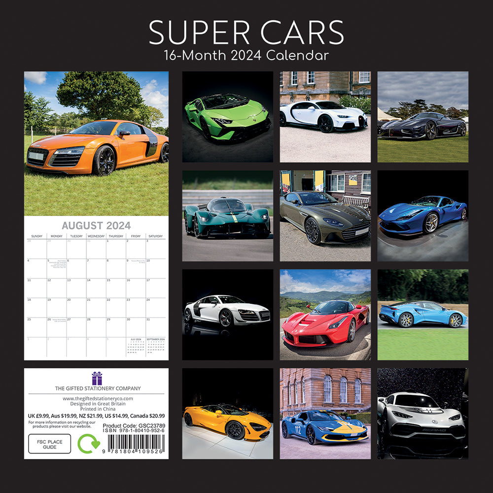 Super Cars - 2024 Square Wall Calendar 16 Months Planner Christmas New Year Gift