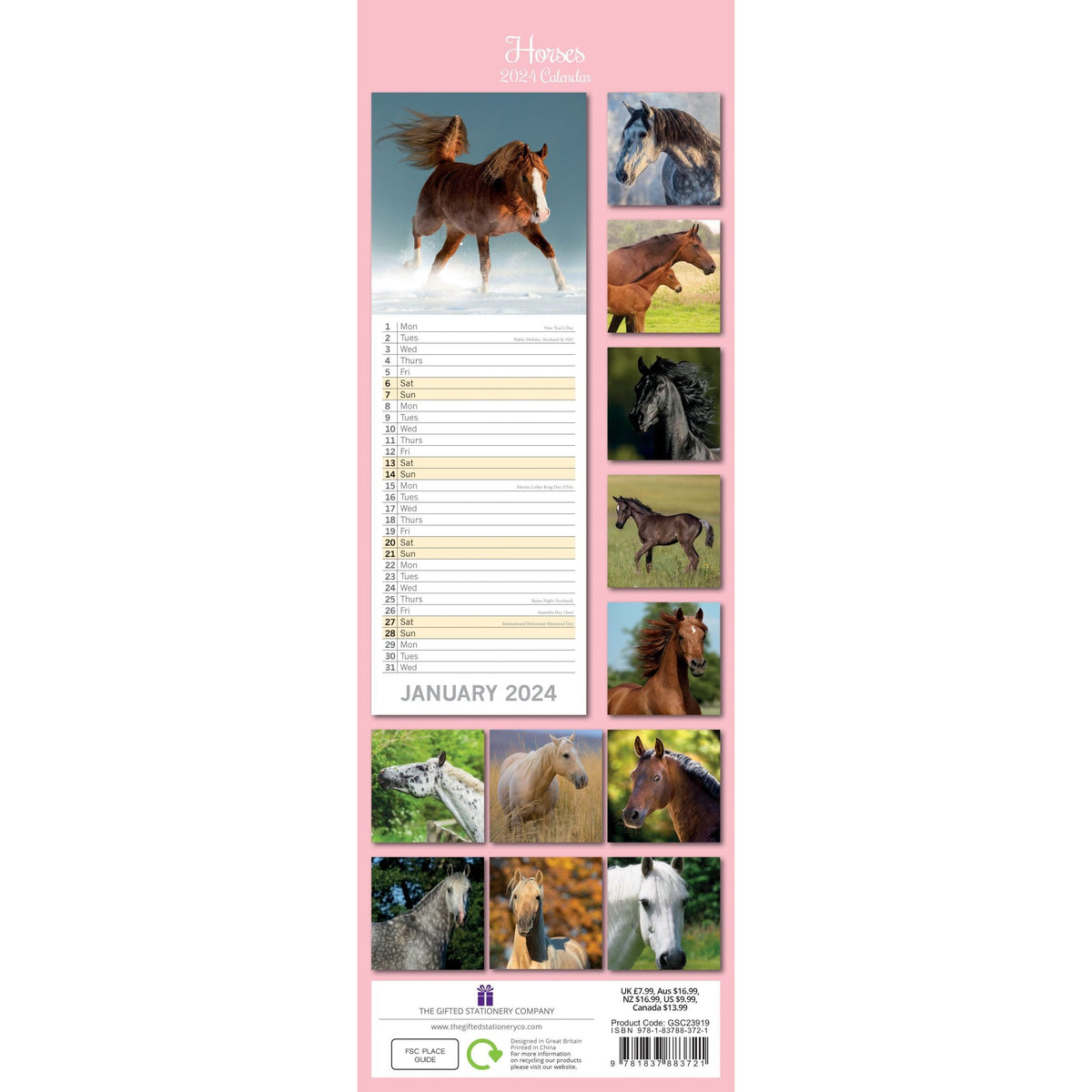 Horses - 2024 Slimline Slim Wall Calendar Hanging Planner New Year Gift