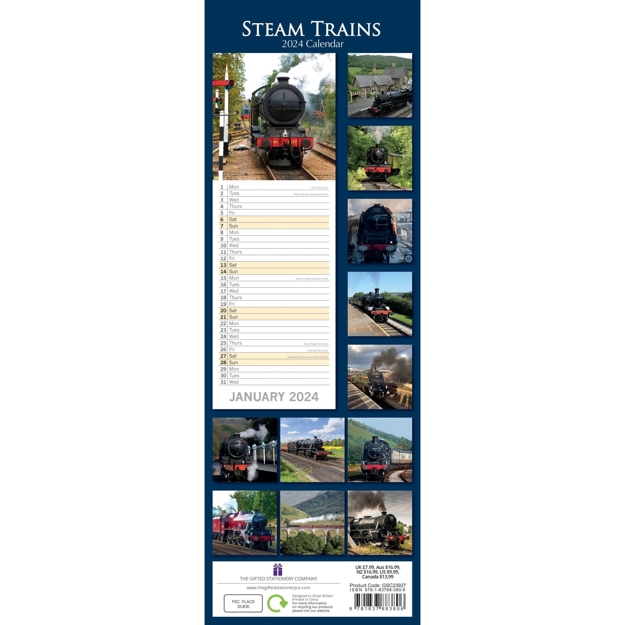 Steam Trains - 2024 Slimline Slim Wall Calendar Hanging Planner New Year Gift