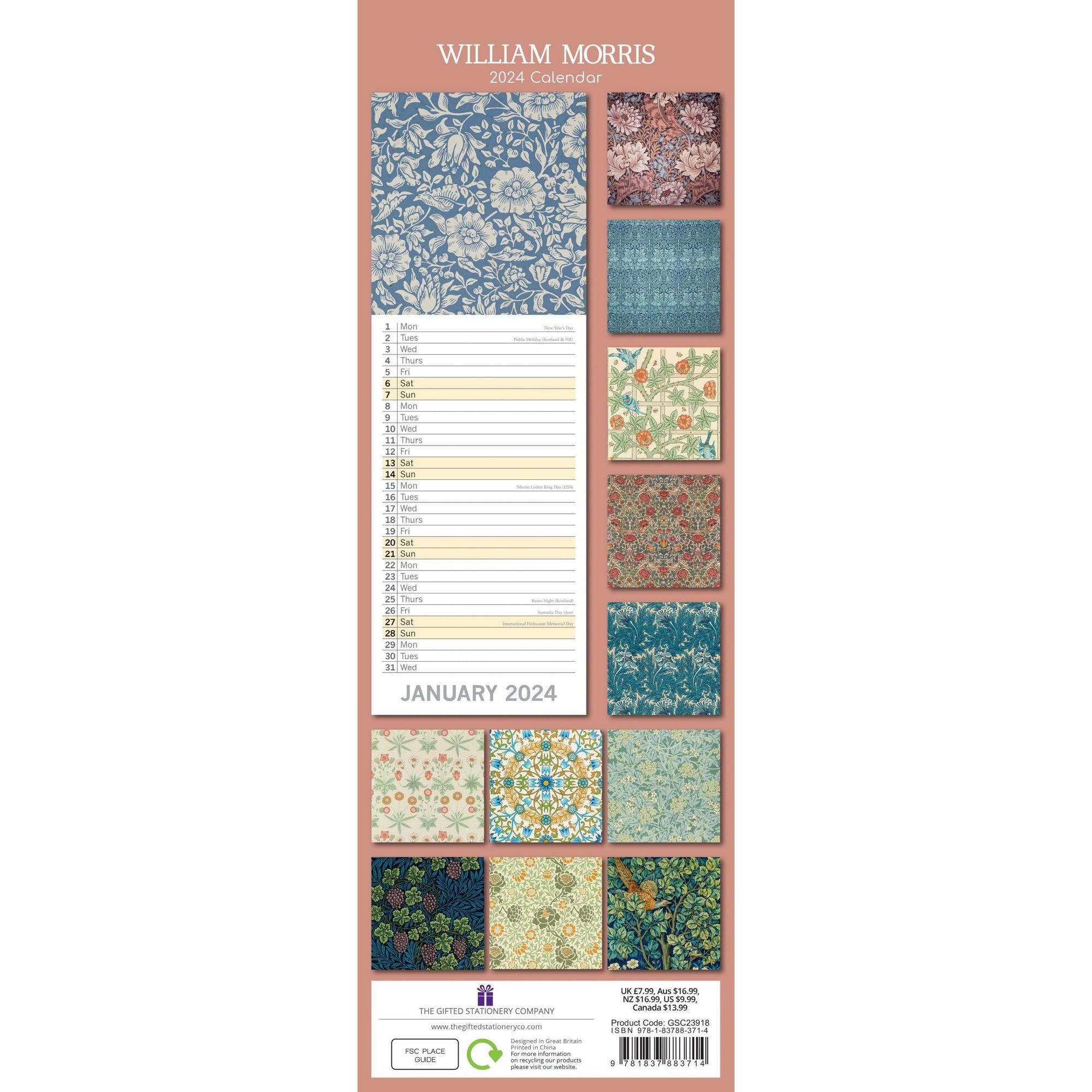 William Morris Rose - 2024 Slimline Slim Wall Calendar Hanging Planner New Year