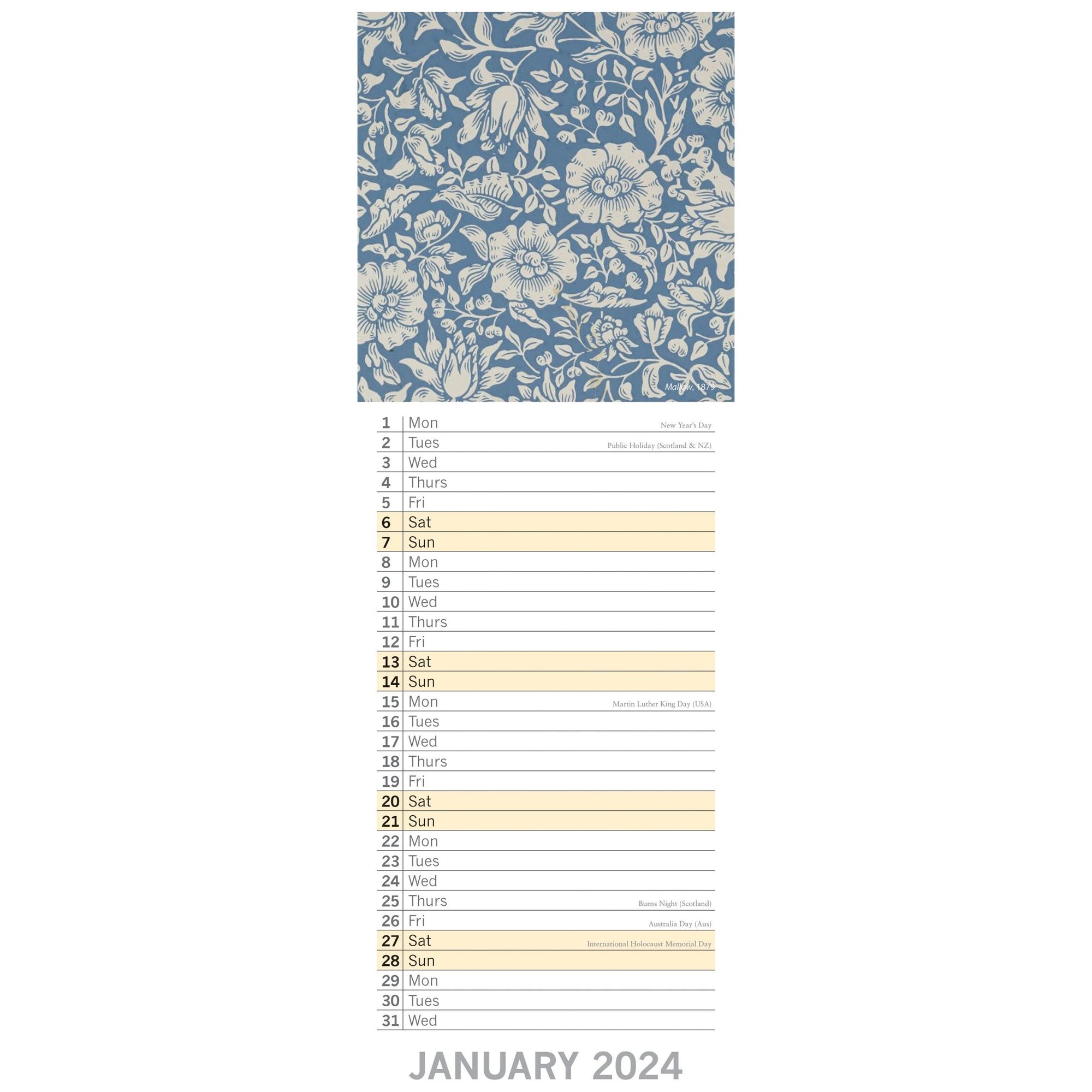 William Morris Rose - 2024 Slimline Slim Wall Calendar Hanging Planner New Year