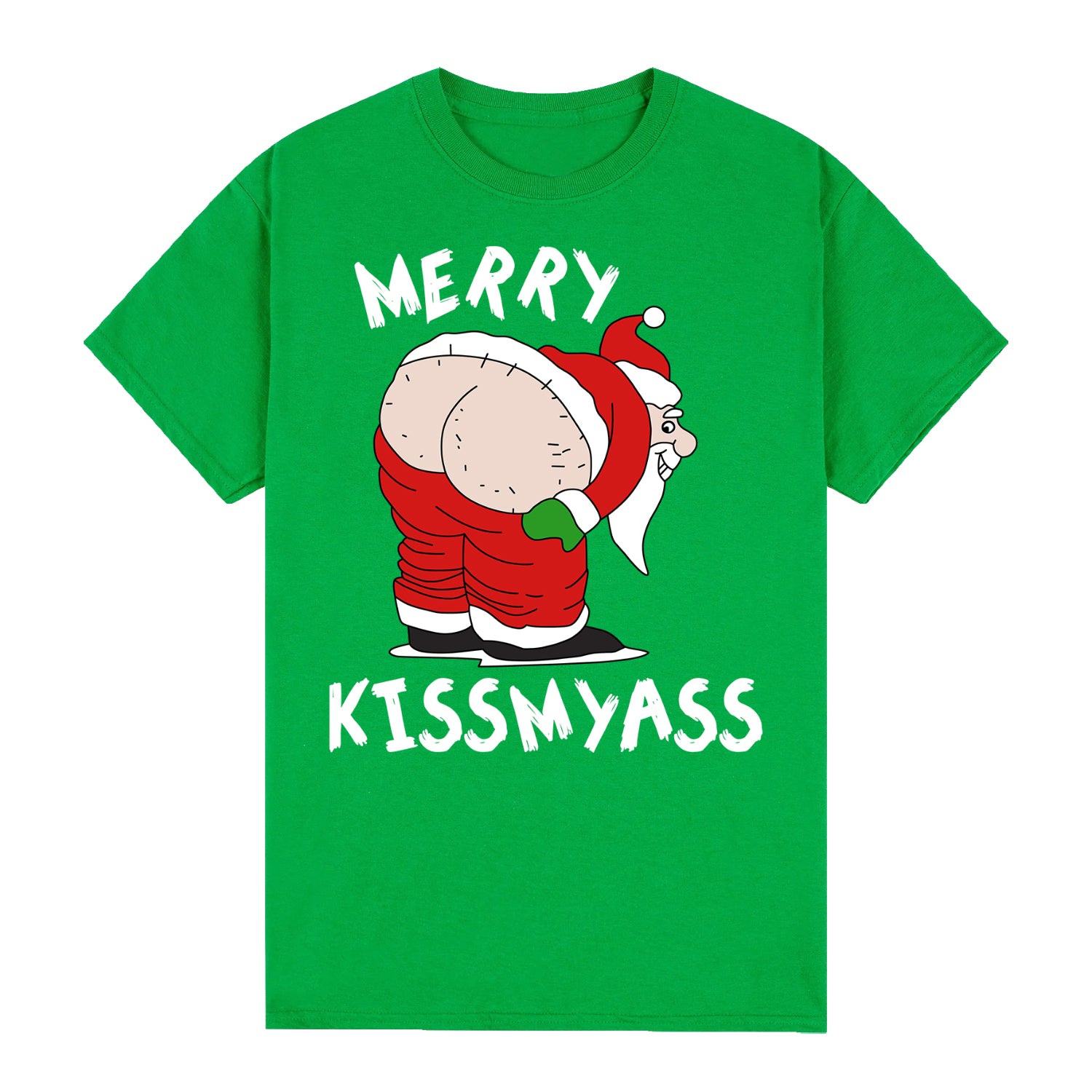 100% Cotton Christmas T-shirt Adult Unisex Tee Tops Funny Santa Party Custume, Merry Kissmyass (Green), M