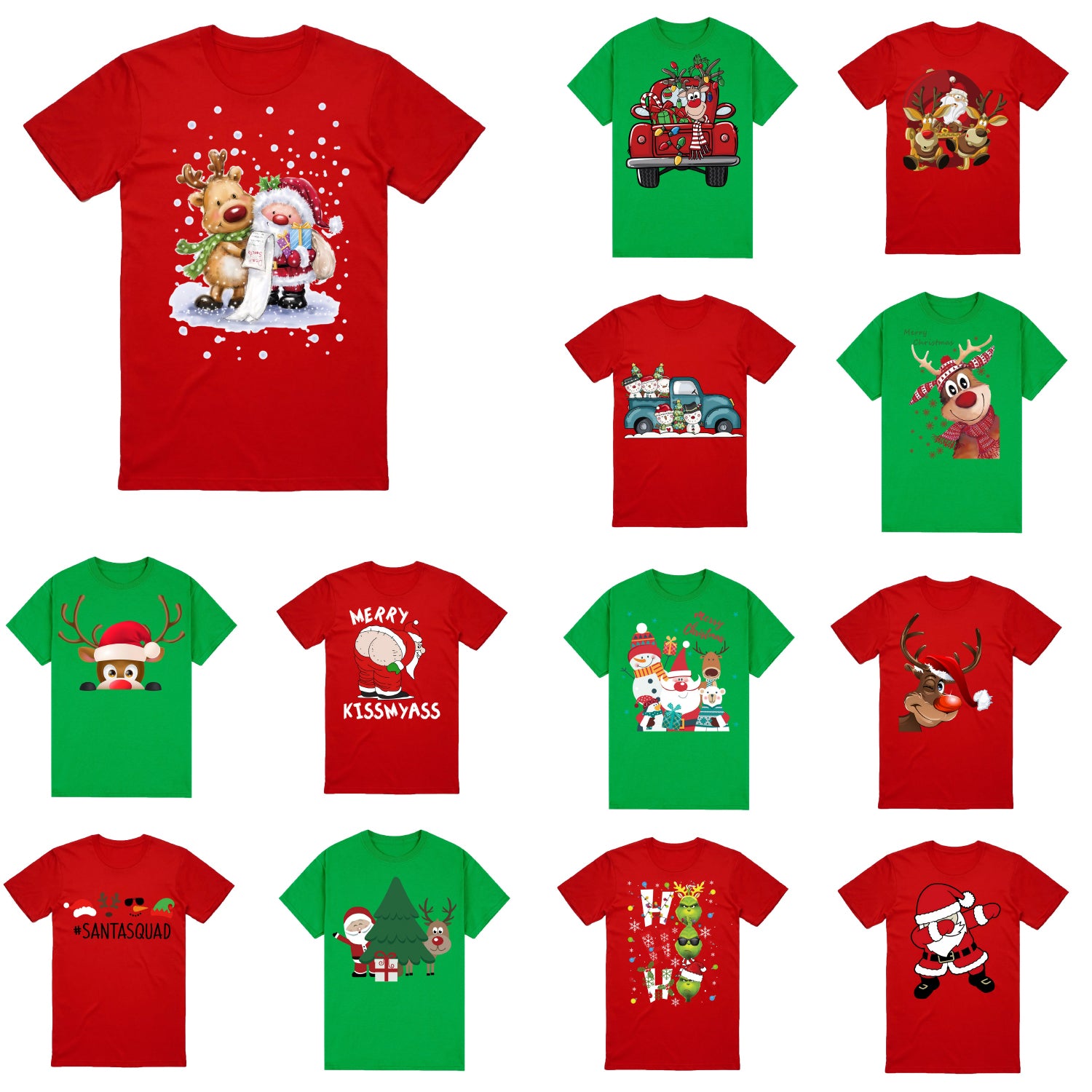 100% Cotton Christmas T-shirt Adult Unisex Tee Tops Funny Santa Party Custume, Car with Reindeer (Red), S