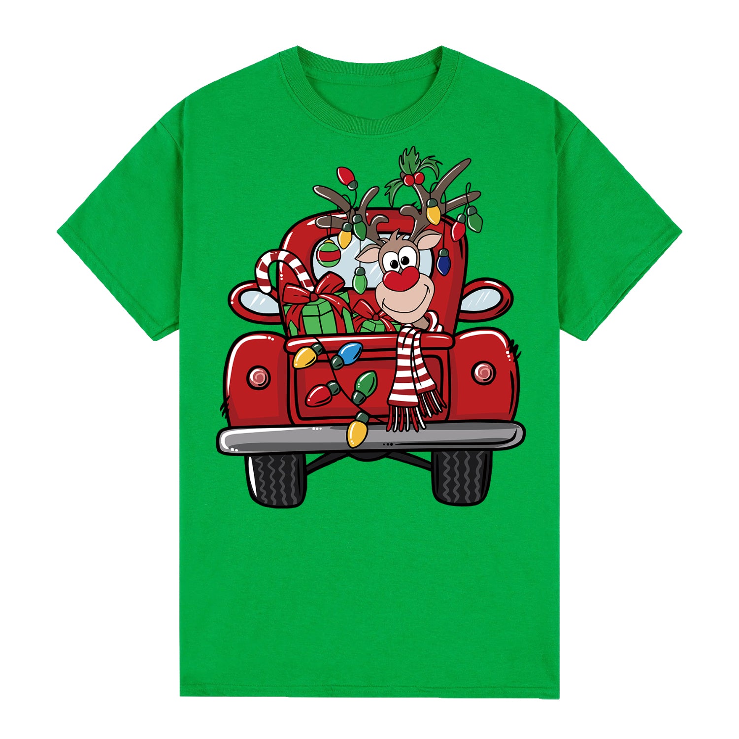 100% Cotton Christmas T-shirt Adult Unisex Tee Tops Funny Santa Party Custume, Car with Reindeer (Green), S